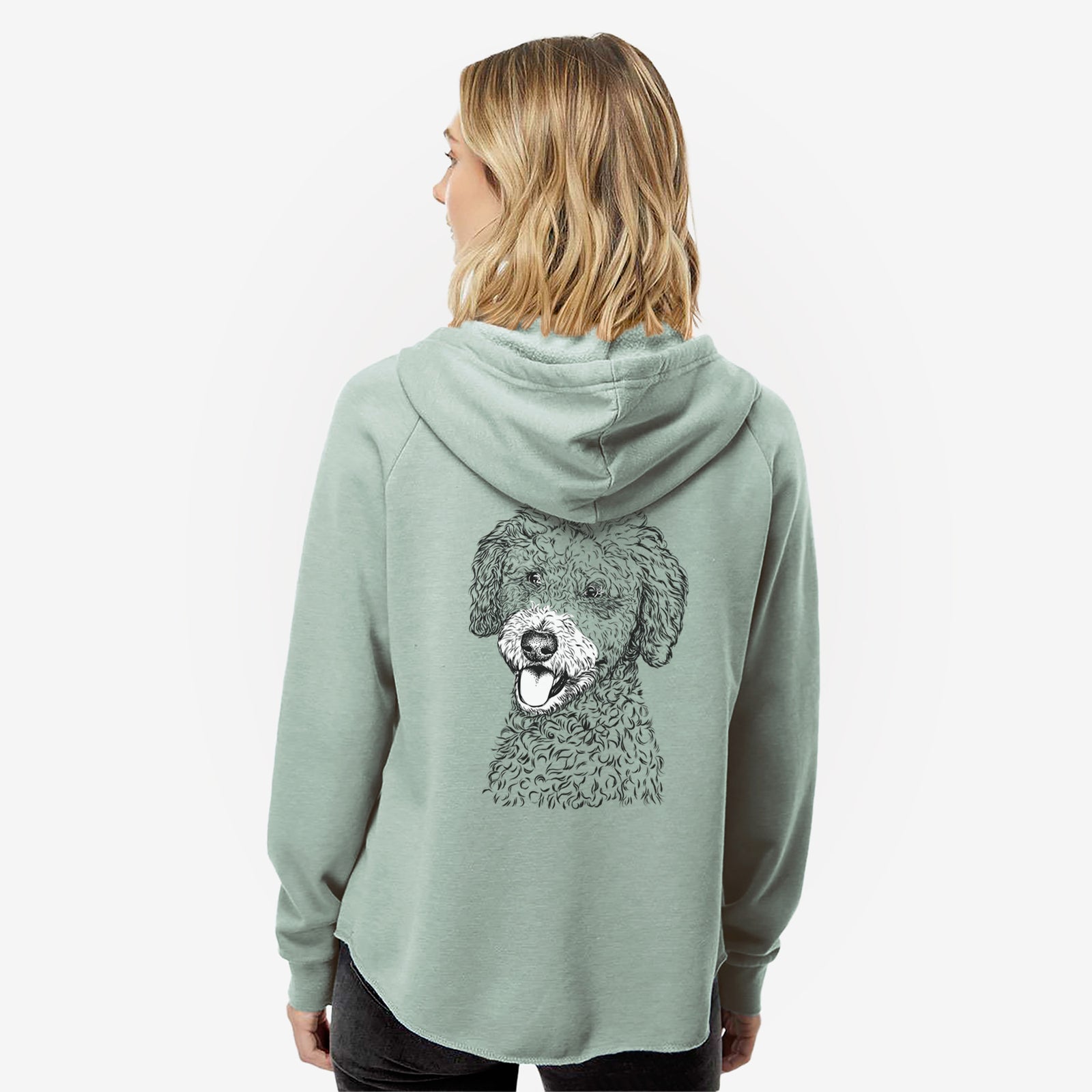 Hand-drawn sketch of Marlow the Goldendoodle on a Sage Women's cali wave zip-up sweatshirt