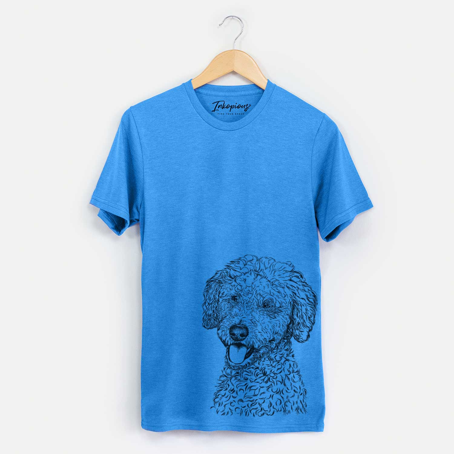 Hand-drawn sketch of Marlow the Goldendoodle on a Blue Unisex crewneck