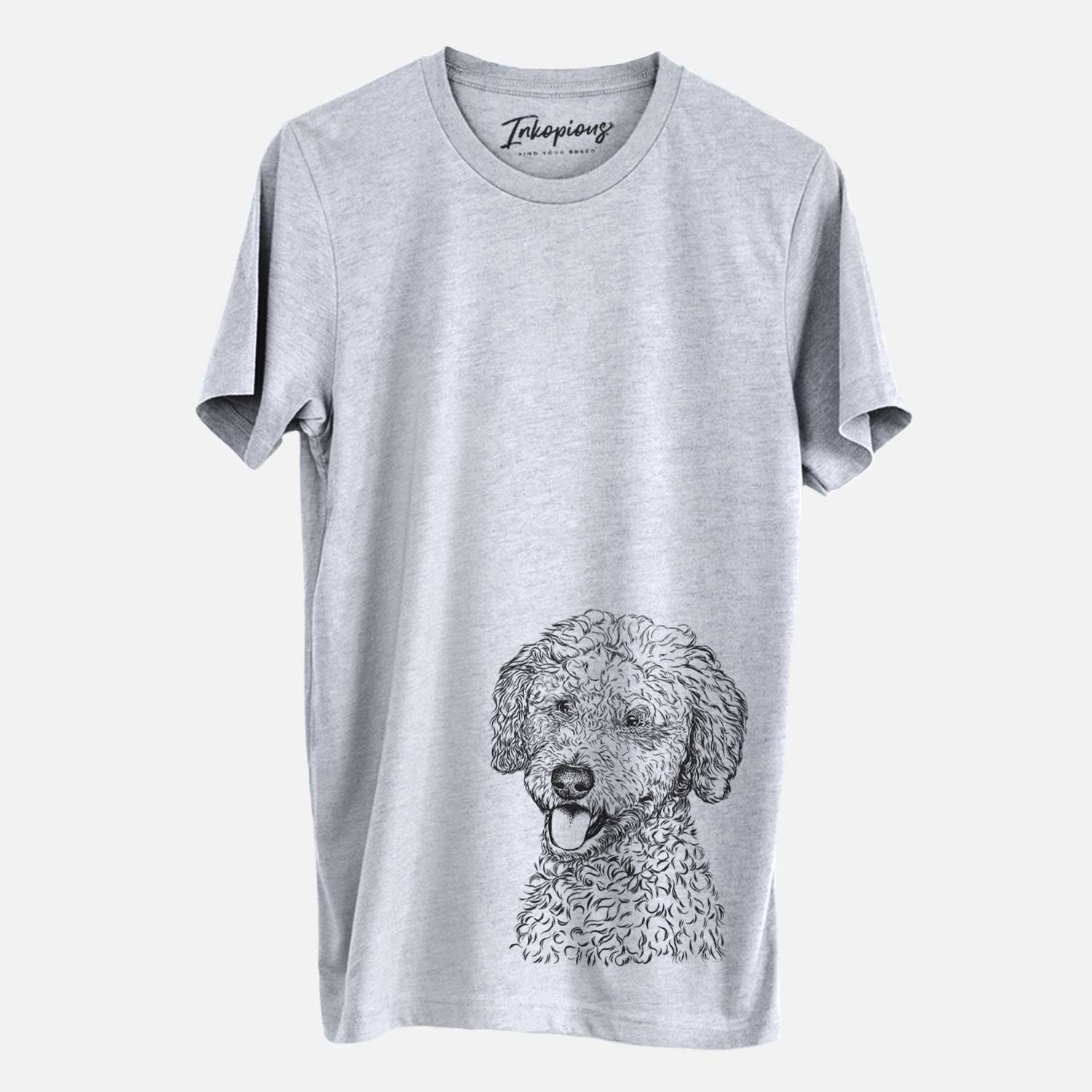 Hand-drawn sketch of Marlow the Goldendoodle on a Grey Unisex crewneck
