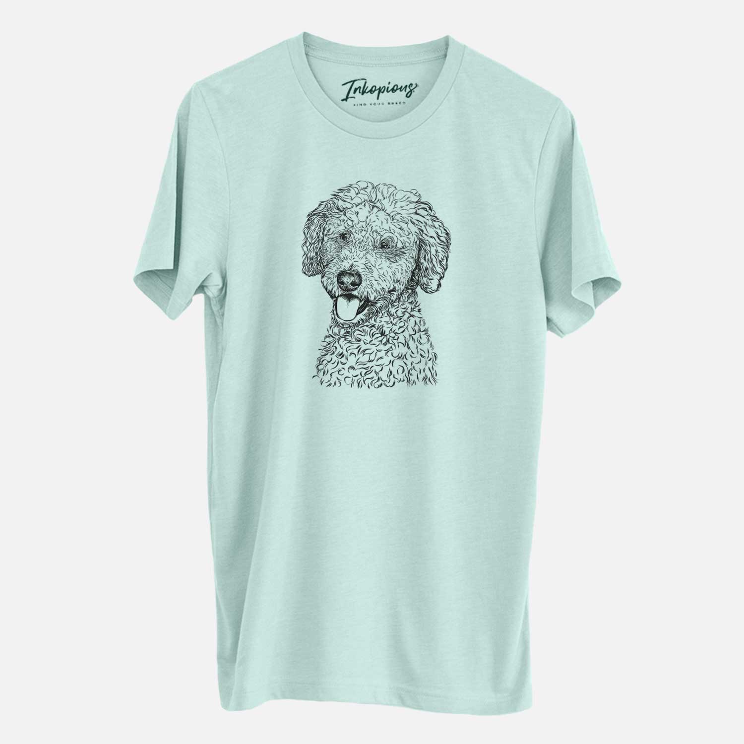 Hand-drawn sketch of Marlow the Goldendoodle on a Heather Sage Unisex crewneck
