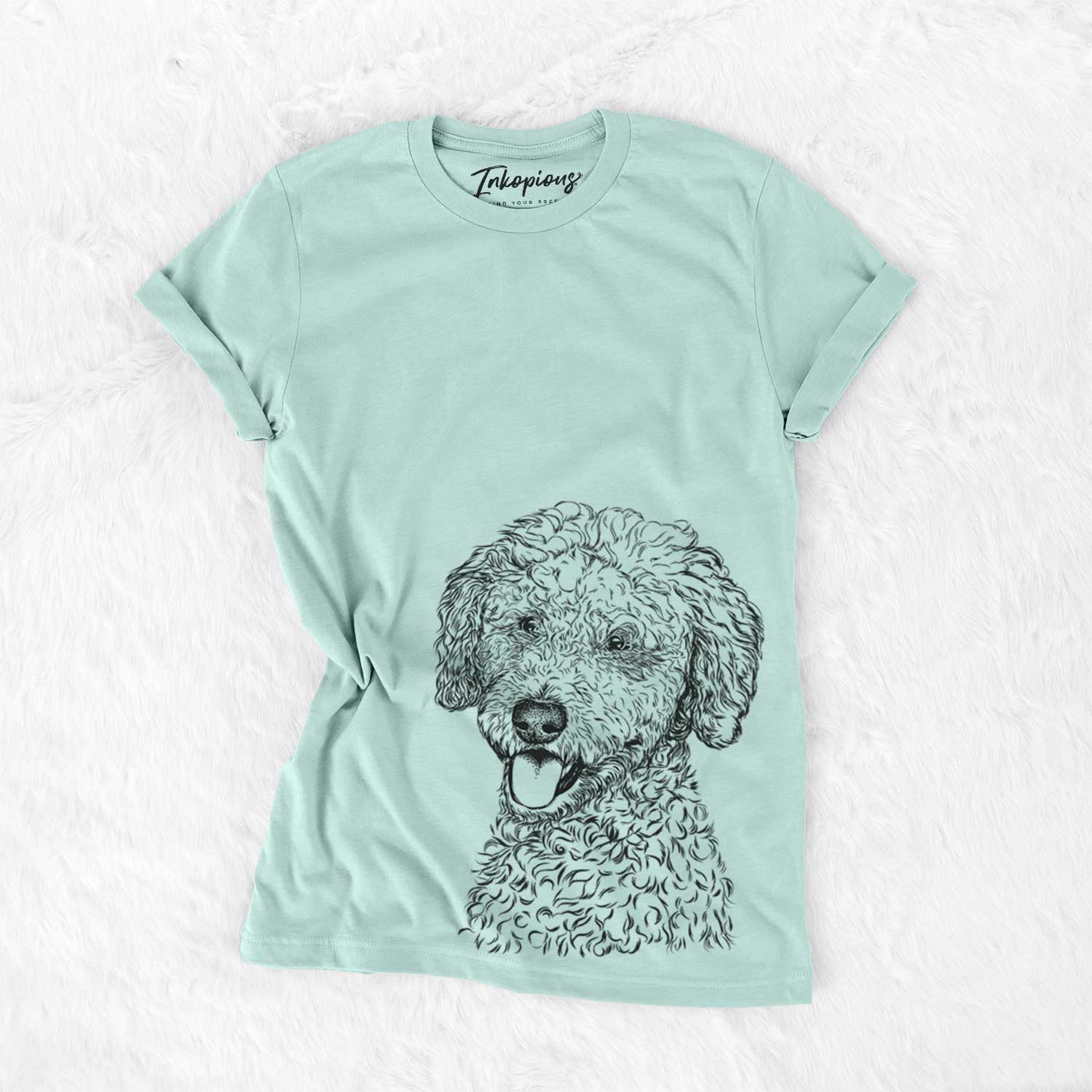 Hand-drawn sketch of Marlow the Goldendoodle on a Heather Sage Unisex crewneck
