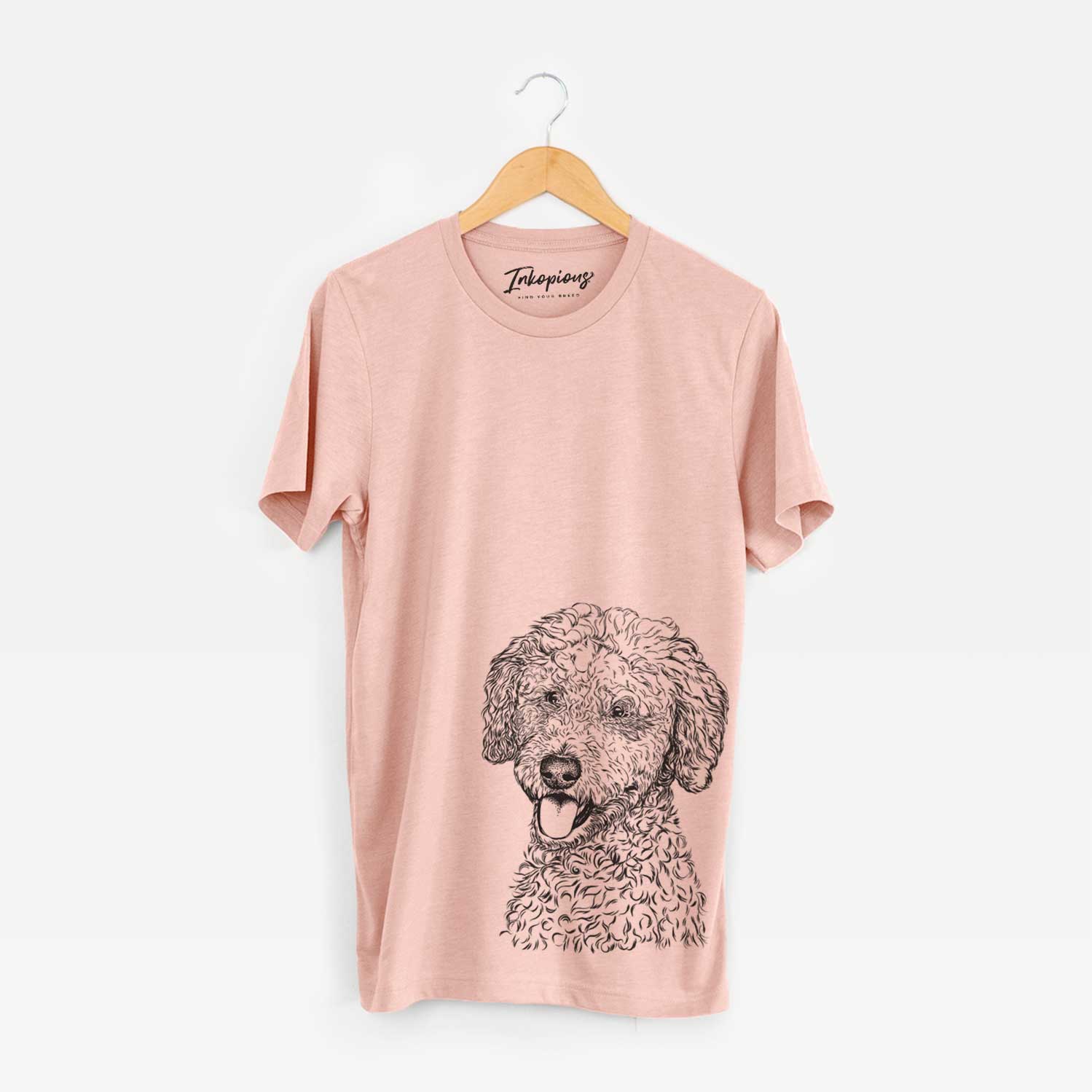 Hand-drawn sketch of Marlow the Goldendoodle on a Peach Unisex crewneck