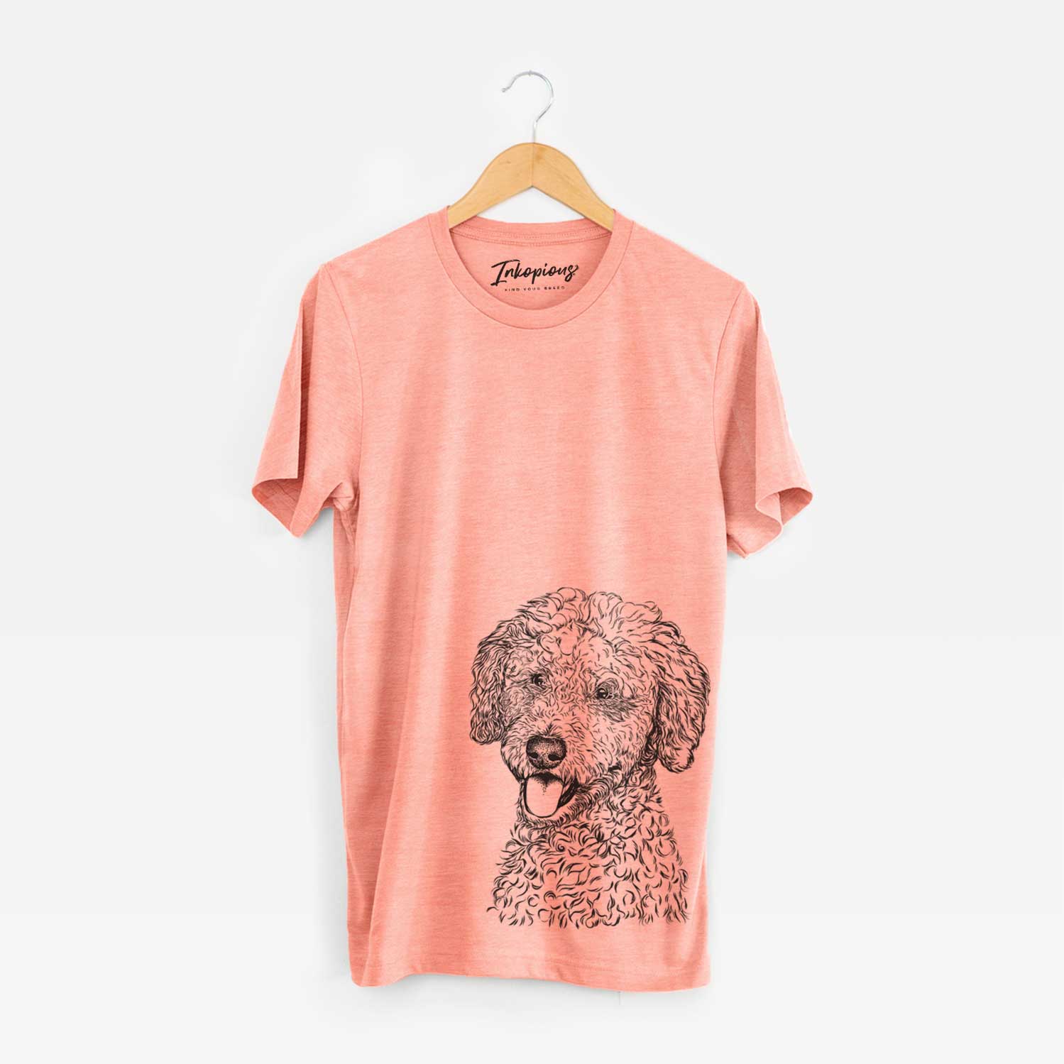 Hand-drawn sketch of Marlow the Goldendoodle on a Sunset Unisex crewneck