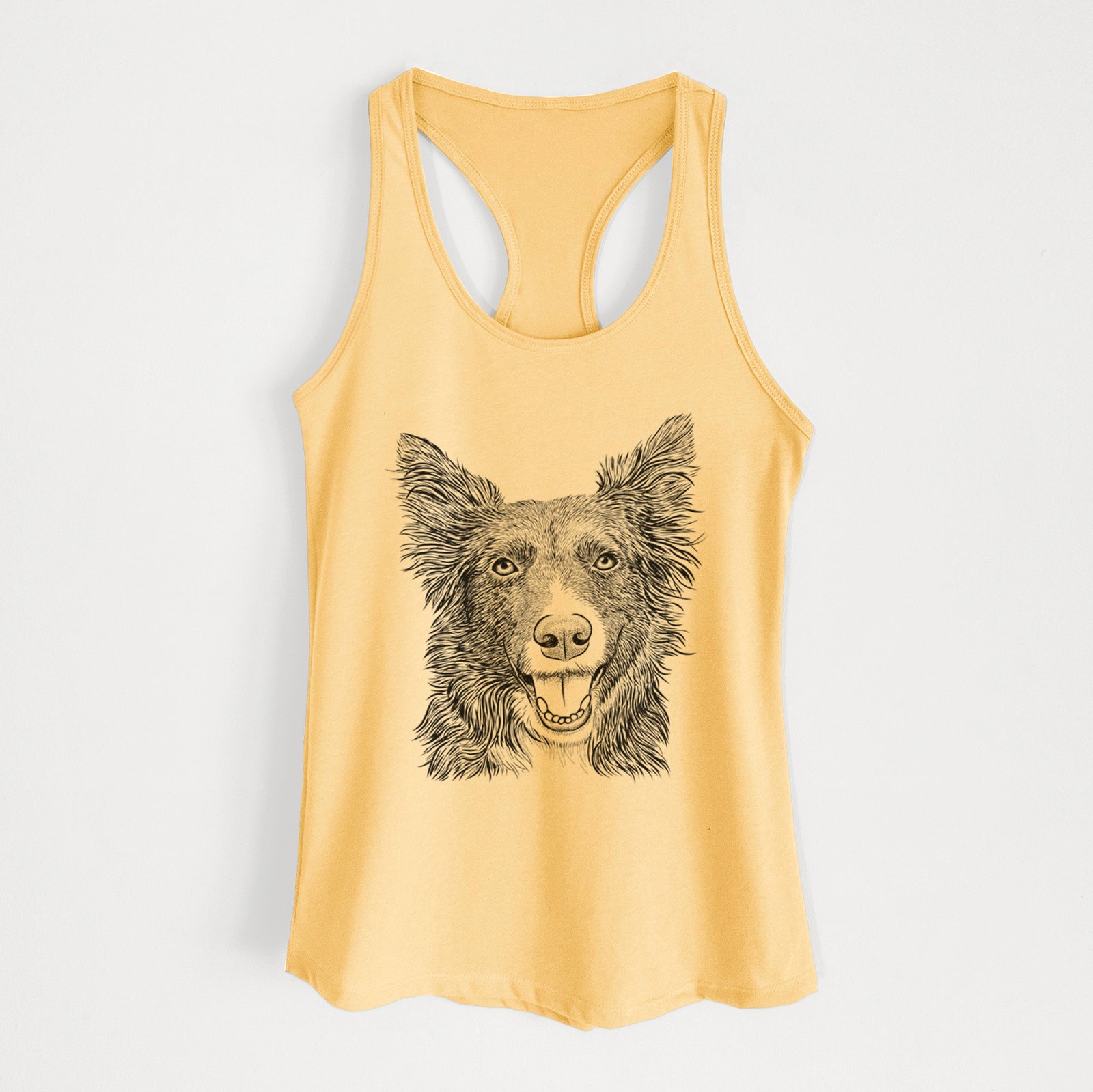 Hand-drawn sketch of Marti the Border Collie on a Banana Cream Women's racerback tanktop