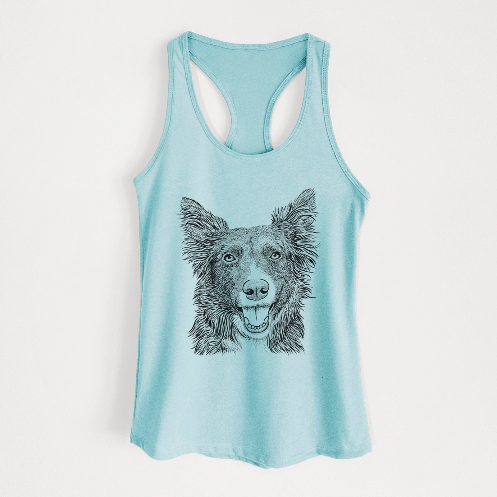 Hand-drawn sketch of Marti the Border Collie on a Cancun Blue Women's racerback tanktop