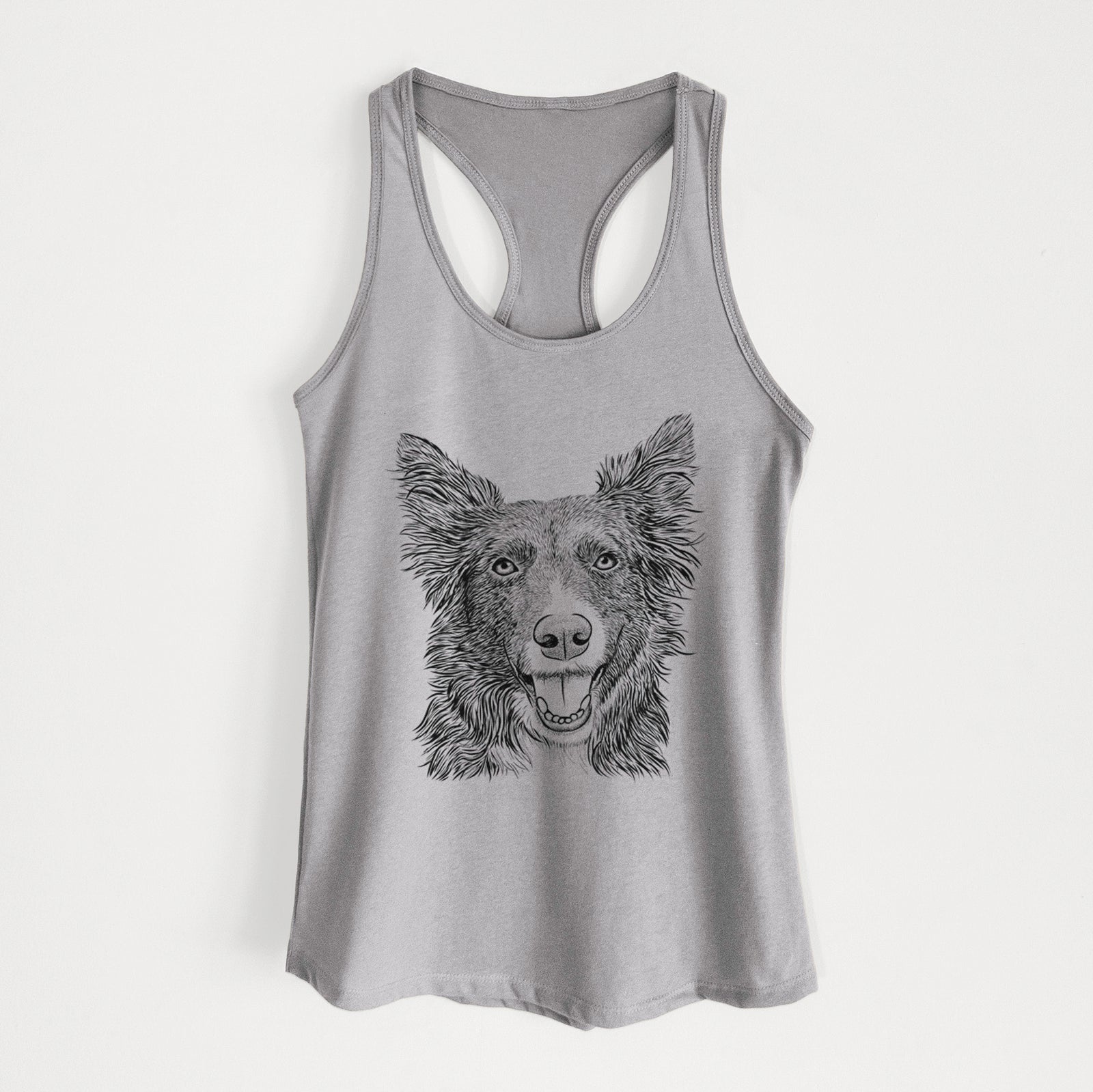 Hand-drawn sketch of Marti the Border Collie on a Heather Grey Women's racerback tanktop