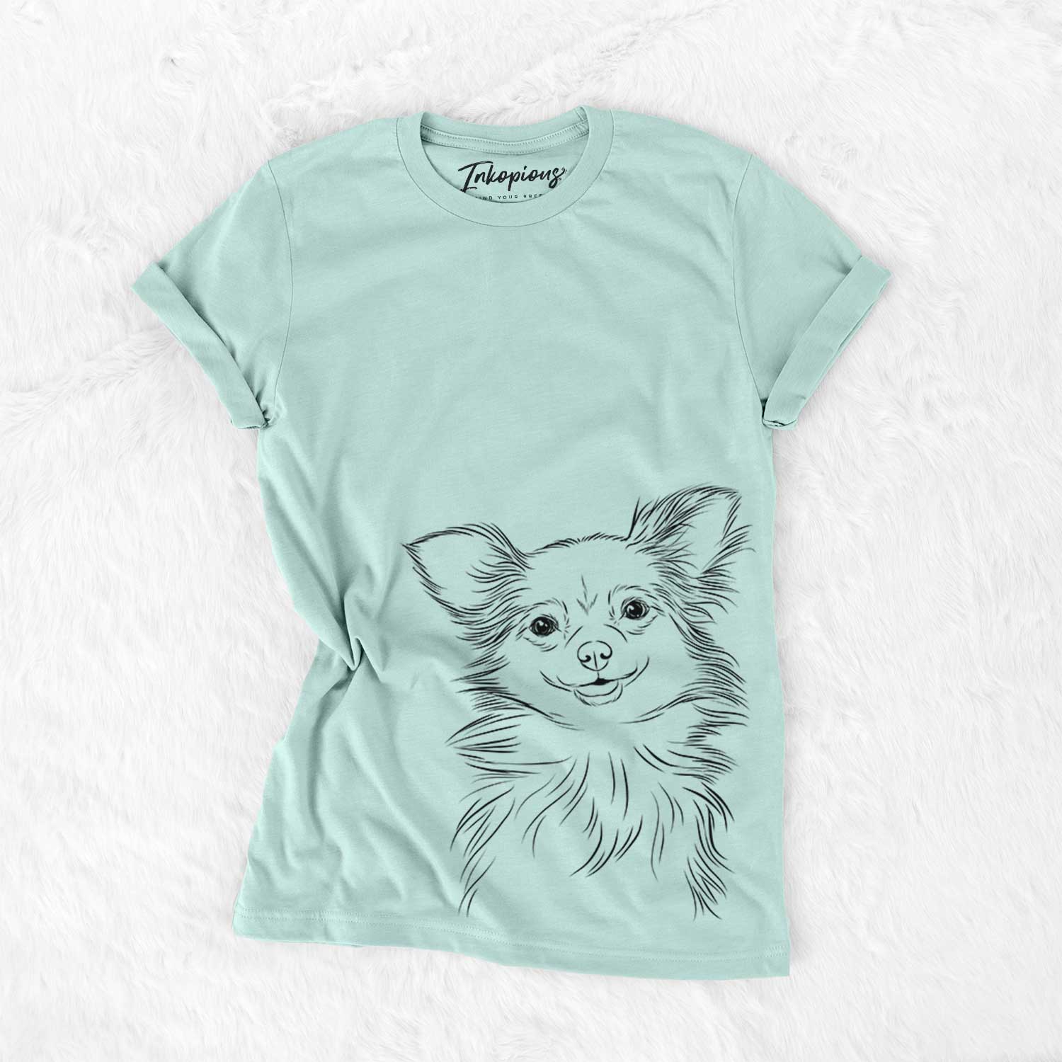 Hand-drawn sketch of Marzi the Long Haired Chihuahua on a Heather Sage Bella Canvas Unisex Crewneck