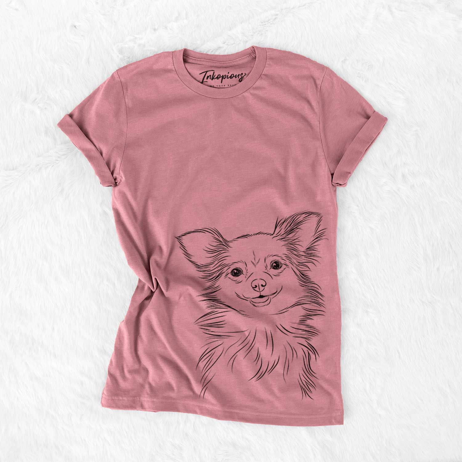 Hand-drawn sketch of Marzi the Long Haired Chihuahua on a Mauve Bella Canvas Unisex Crewneck