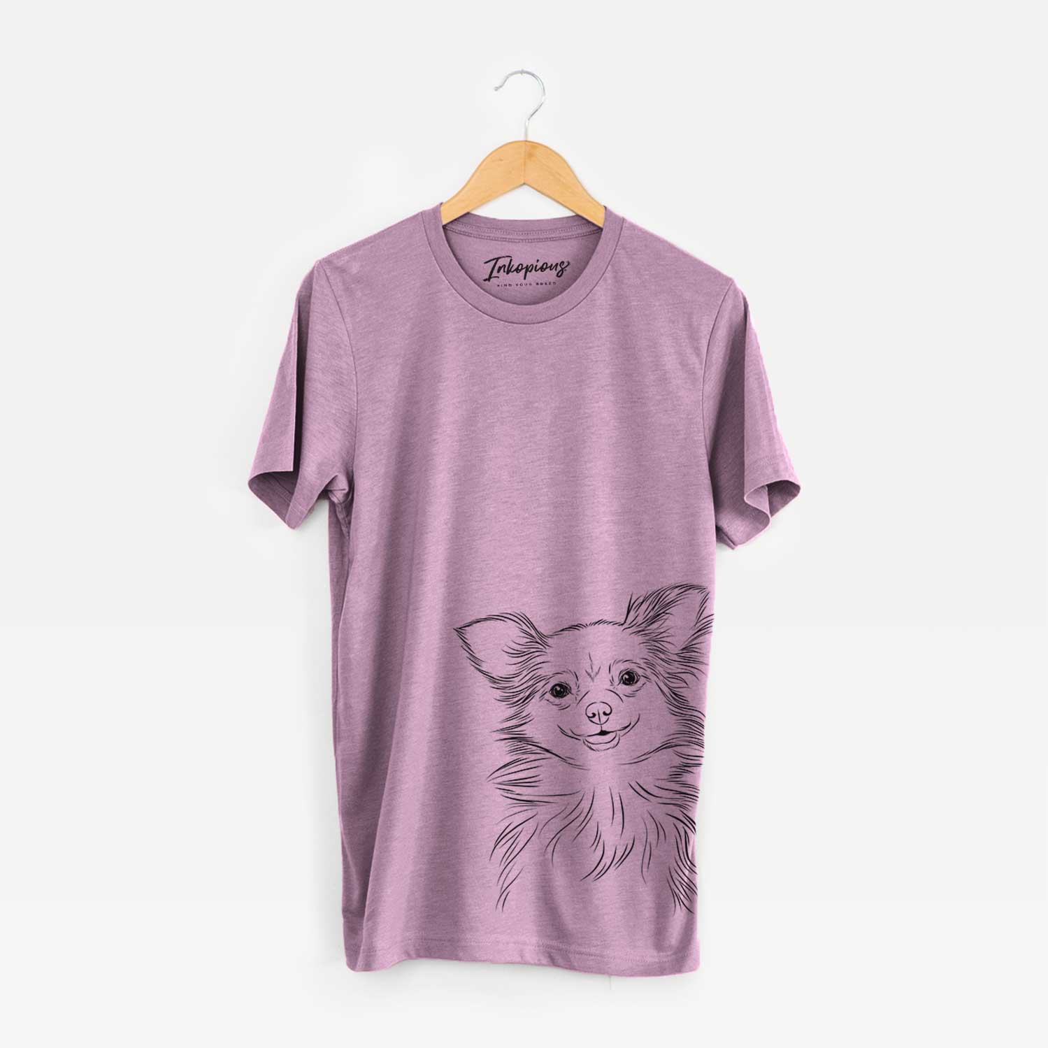 Hand-drawn sketch of Marzi the Long Haired Chihuahua on an Orchid Bella Canvas Unisex Crewneck