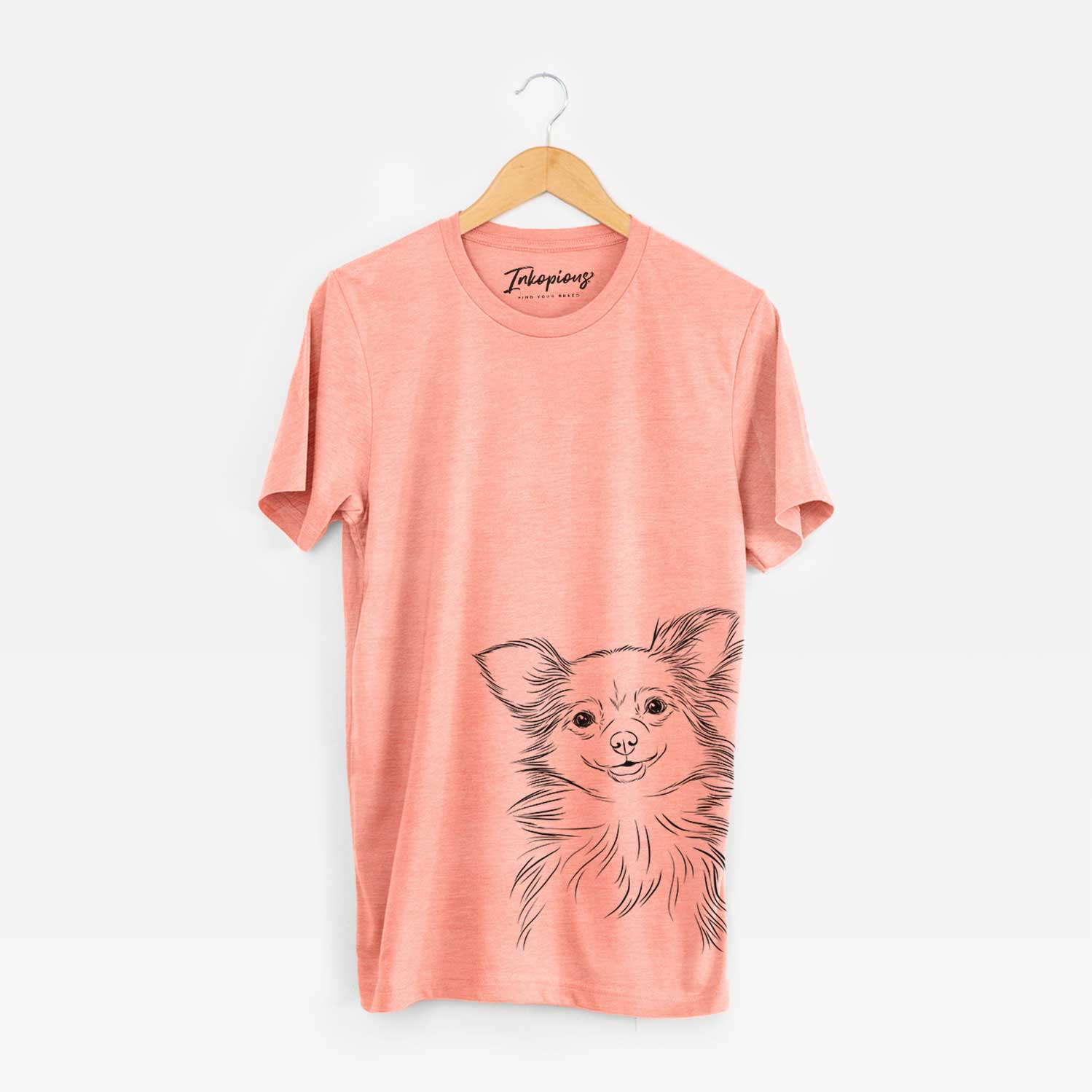 Hand-drawn sketch of Marzi the Long Haired Chihuahua on a Sunset Bella Canvas Unisex Crewneck