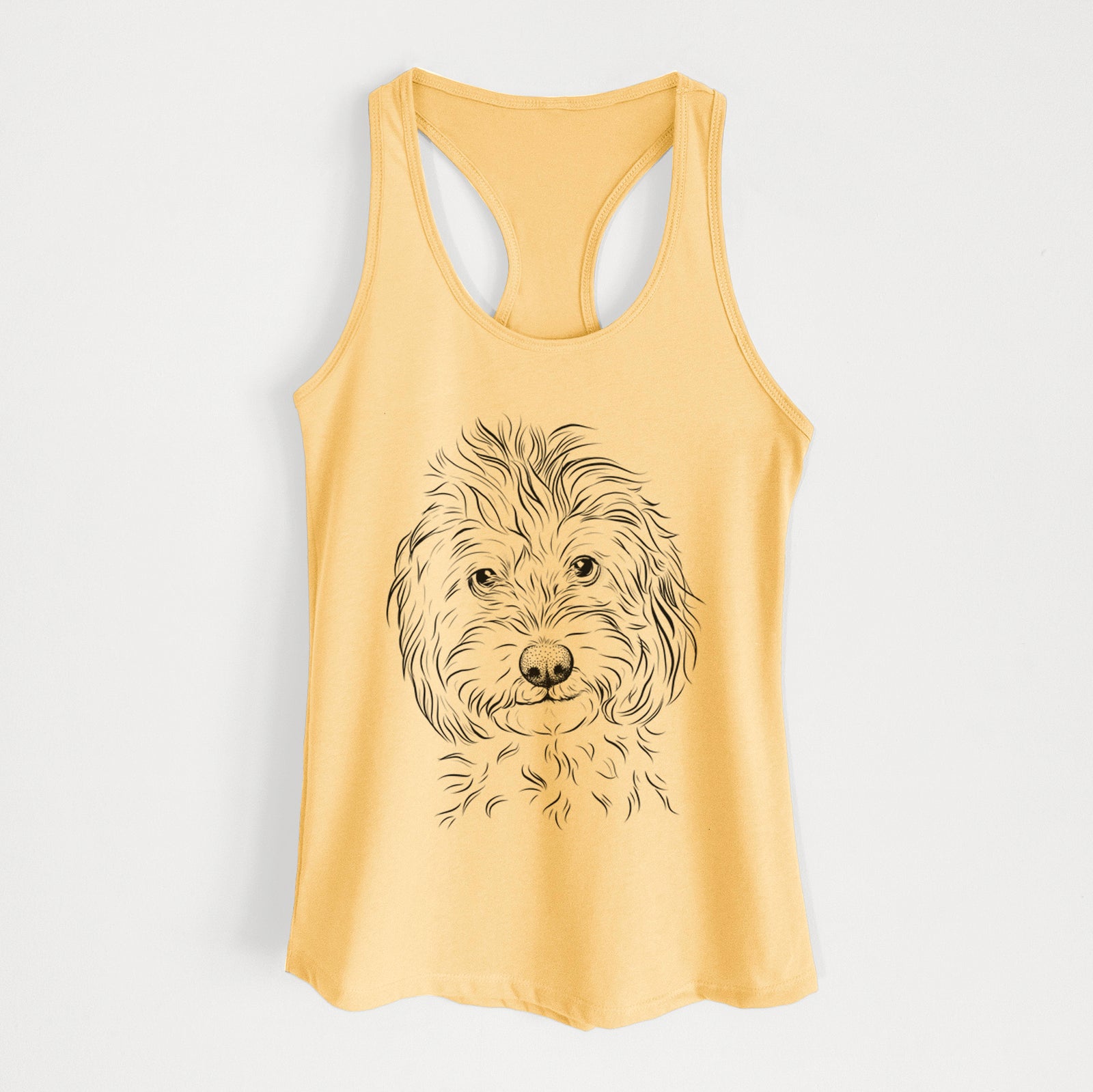 Hand-drawn sketch of Mason the Cavapoo on a Banana Cream Women's racerback tanktop