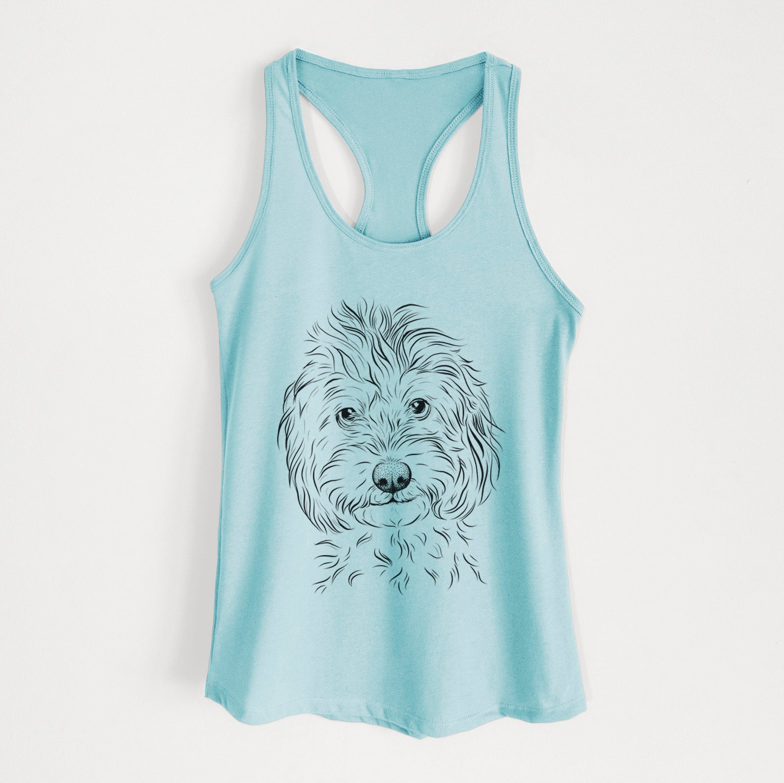 Hand-drawn sketch of Mason the Cavapoo on a Cancun Blue Women's racerback tanktop