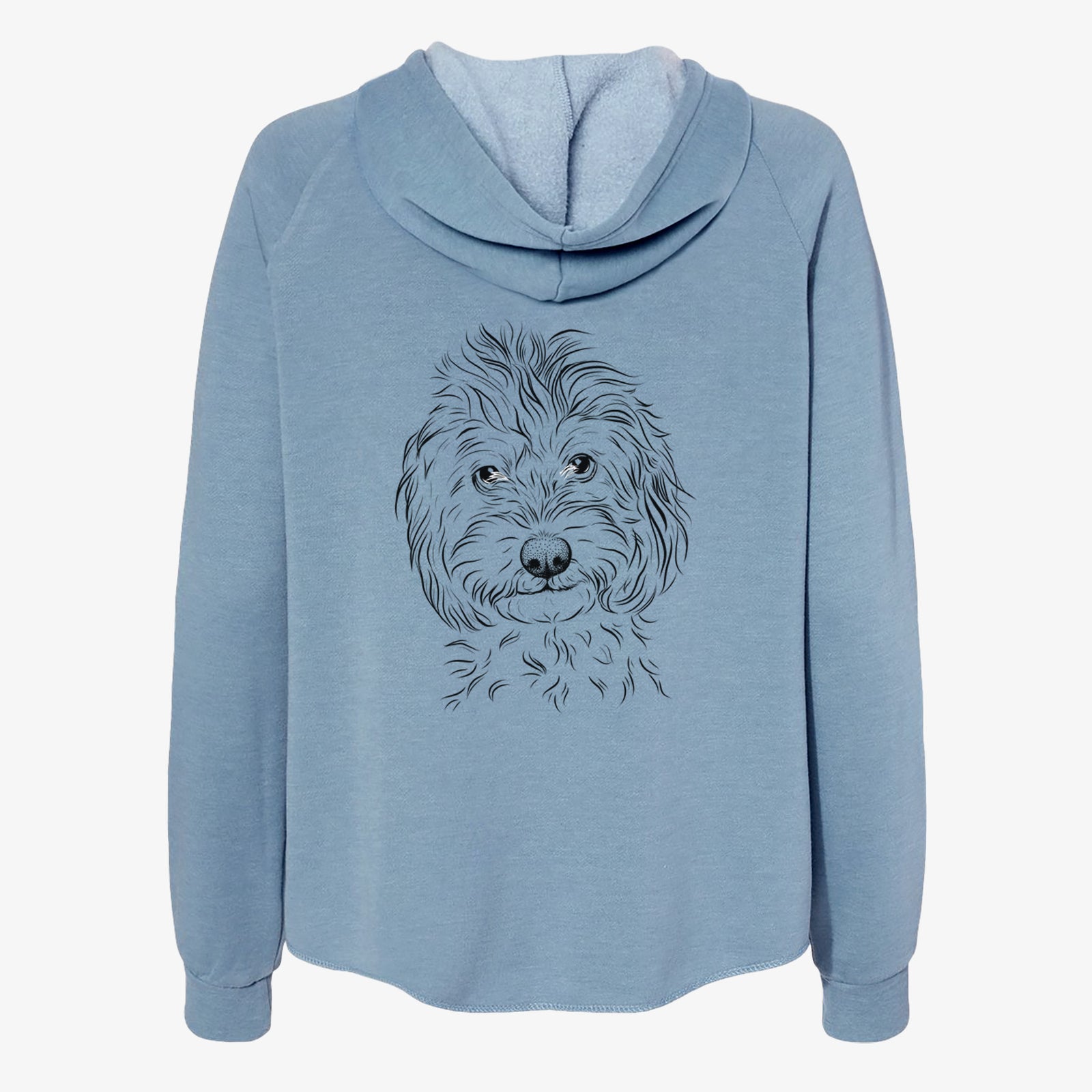 Hand-drawn sketch of Mason the Cavapoo on a Misty Blue Women's cali wave zip-up sweatshirt