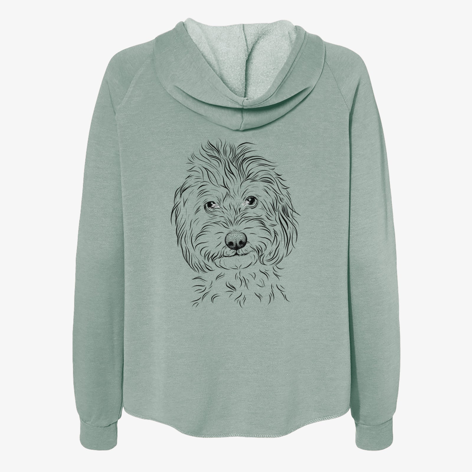 Hand-drawn sketch of Mason the Cavapoo on a Sage Women's cali wave zip-up sweatshirt