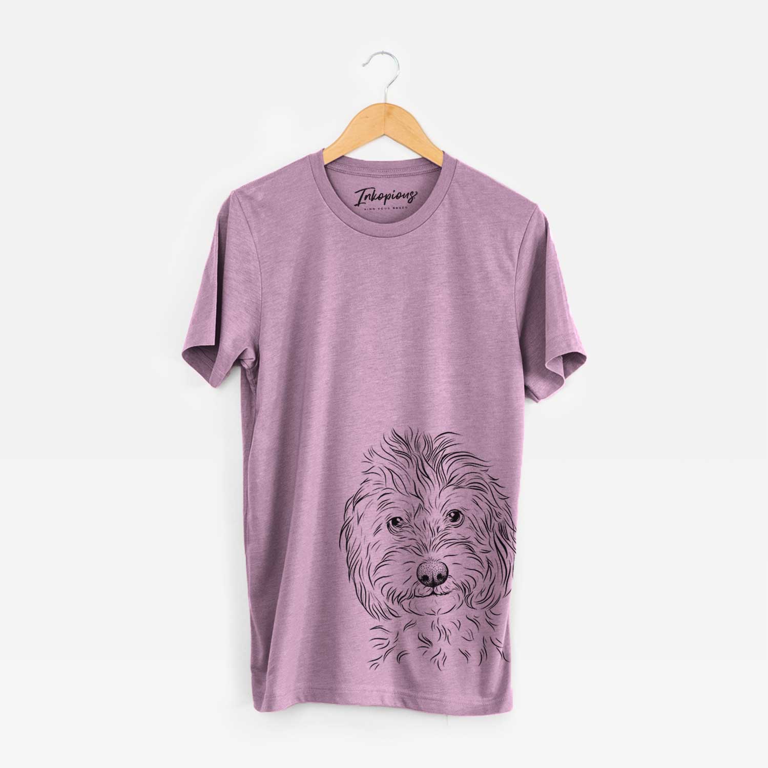 Hand-drawn sketch of Mason the Cavapoo on an Orchid Bella Canvas Unisex Crewneck