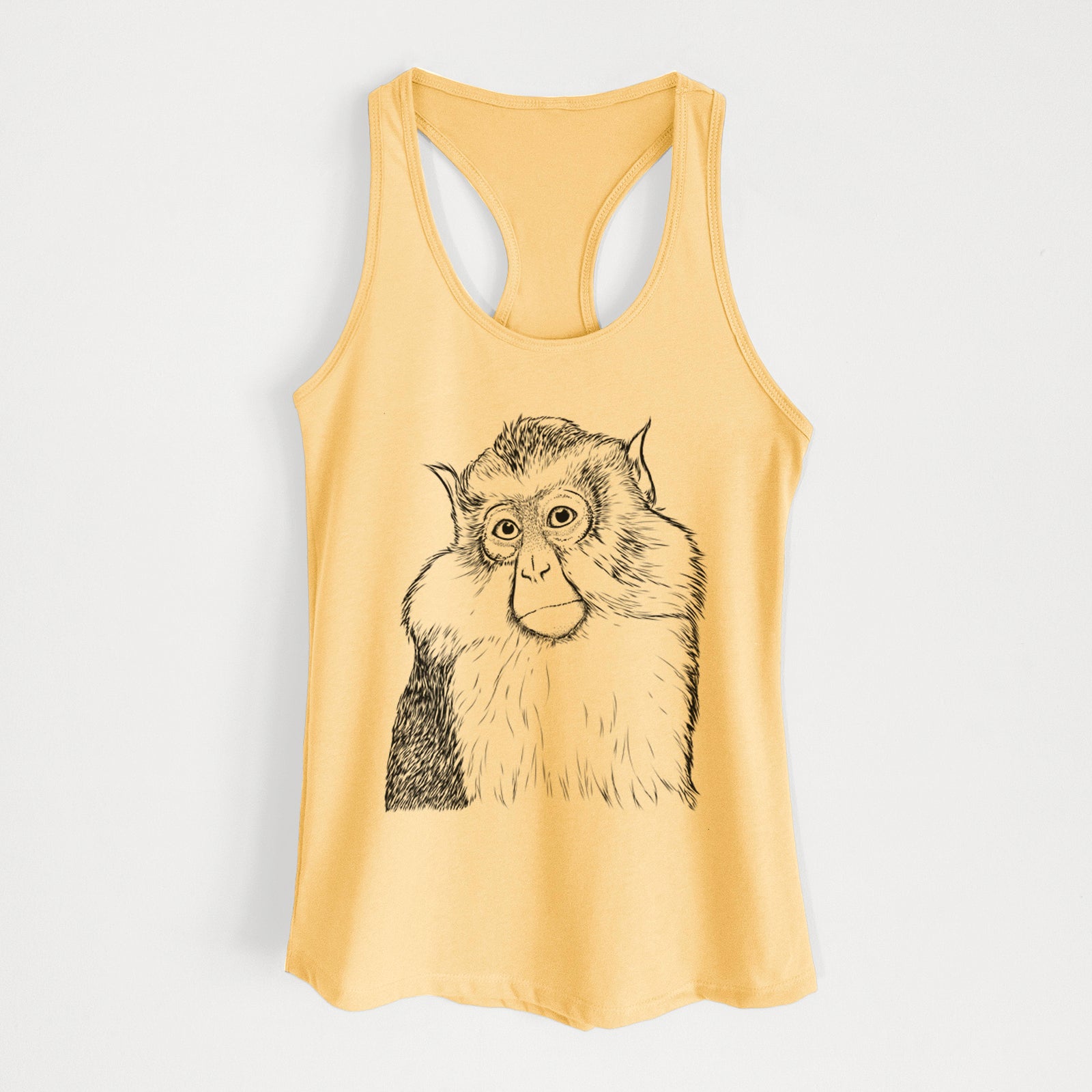 Hand-drawn sketch of Matata the Mona Monkey on a Banana Cream Women's racerback tanktop