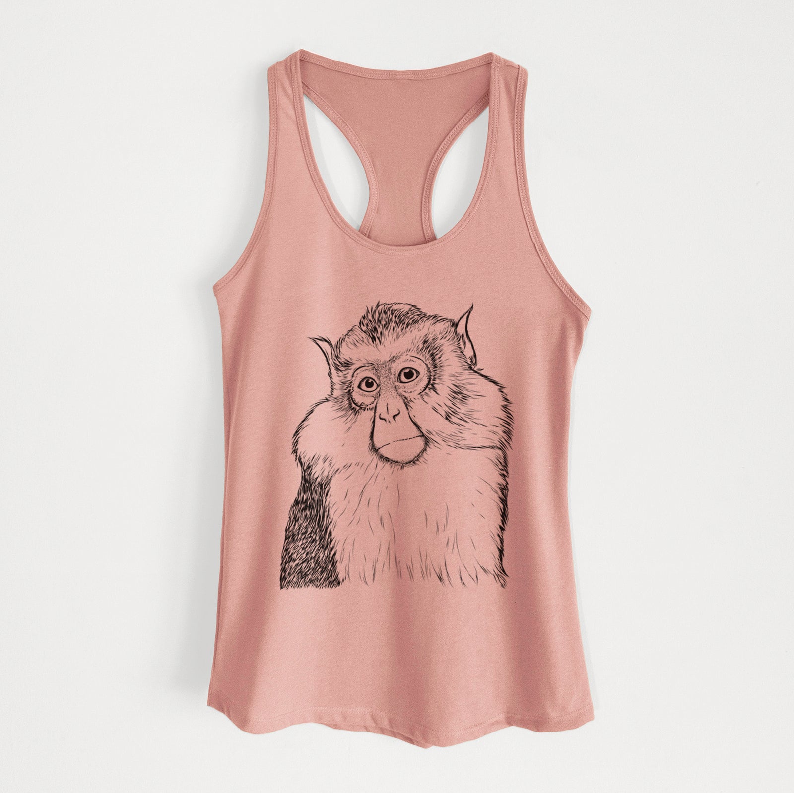 Hand-drawn sketch of Matata the Mona Monkey on a Desert Pink Women's racerback tanktop
