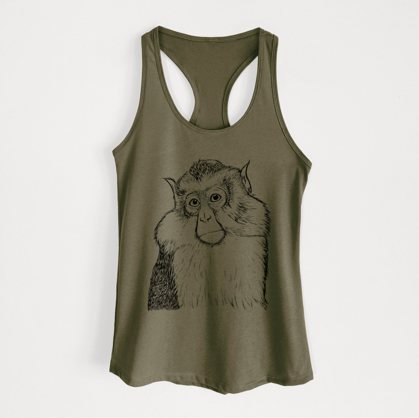 Hand-drawn sketch of Matata the Mona Monkey on a Military Green Women's racerback tanktop