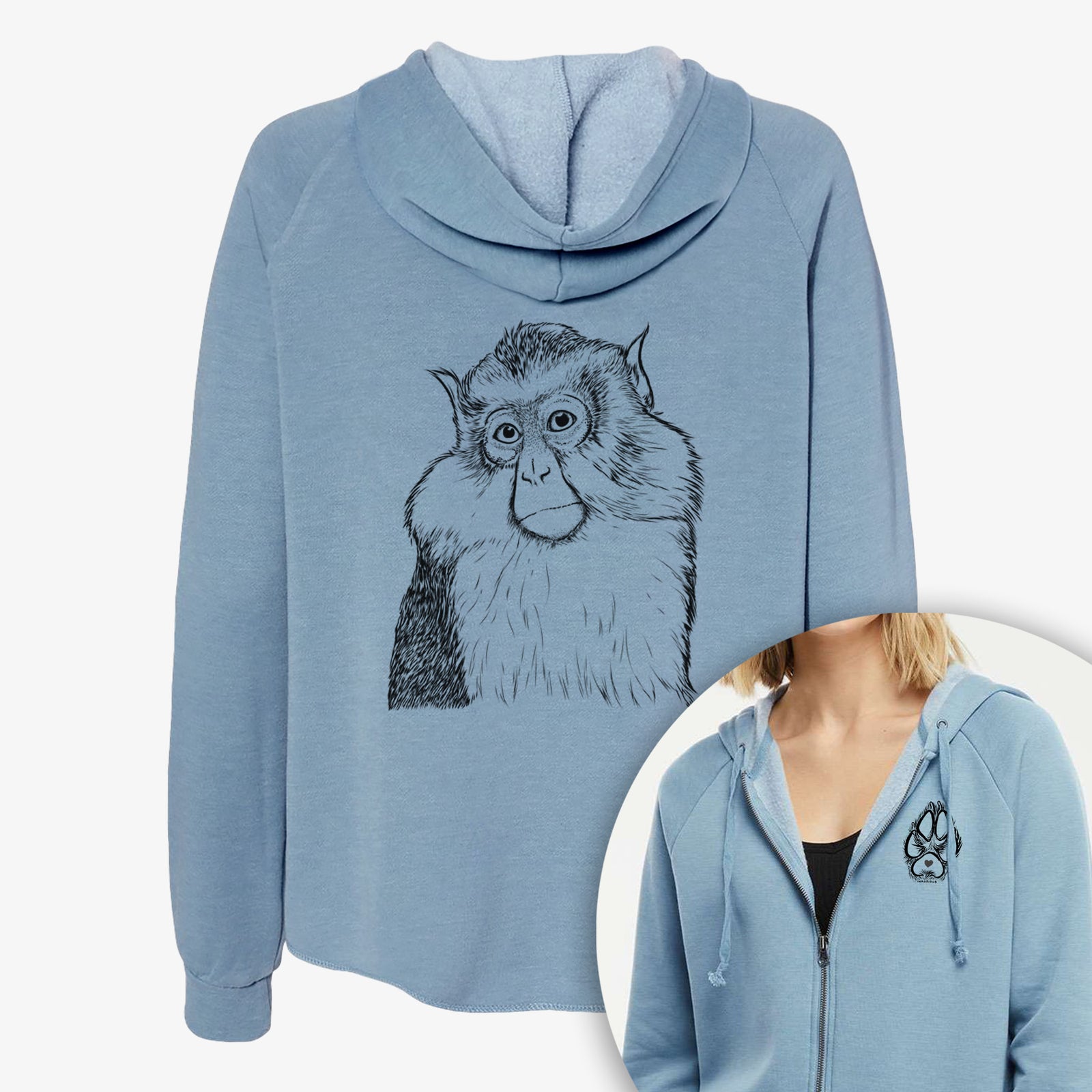Hand-drawn sketch of Matata the Mona Monkey on a Women's cali wave zip-up sweatshirt, shown with icons of the other available costume styles