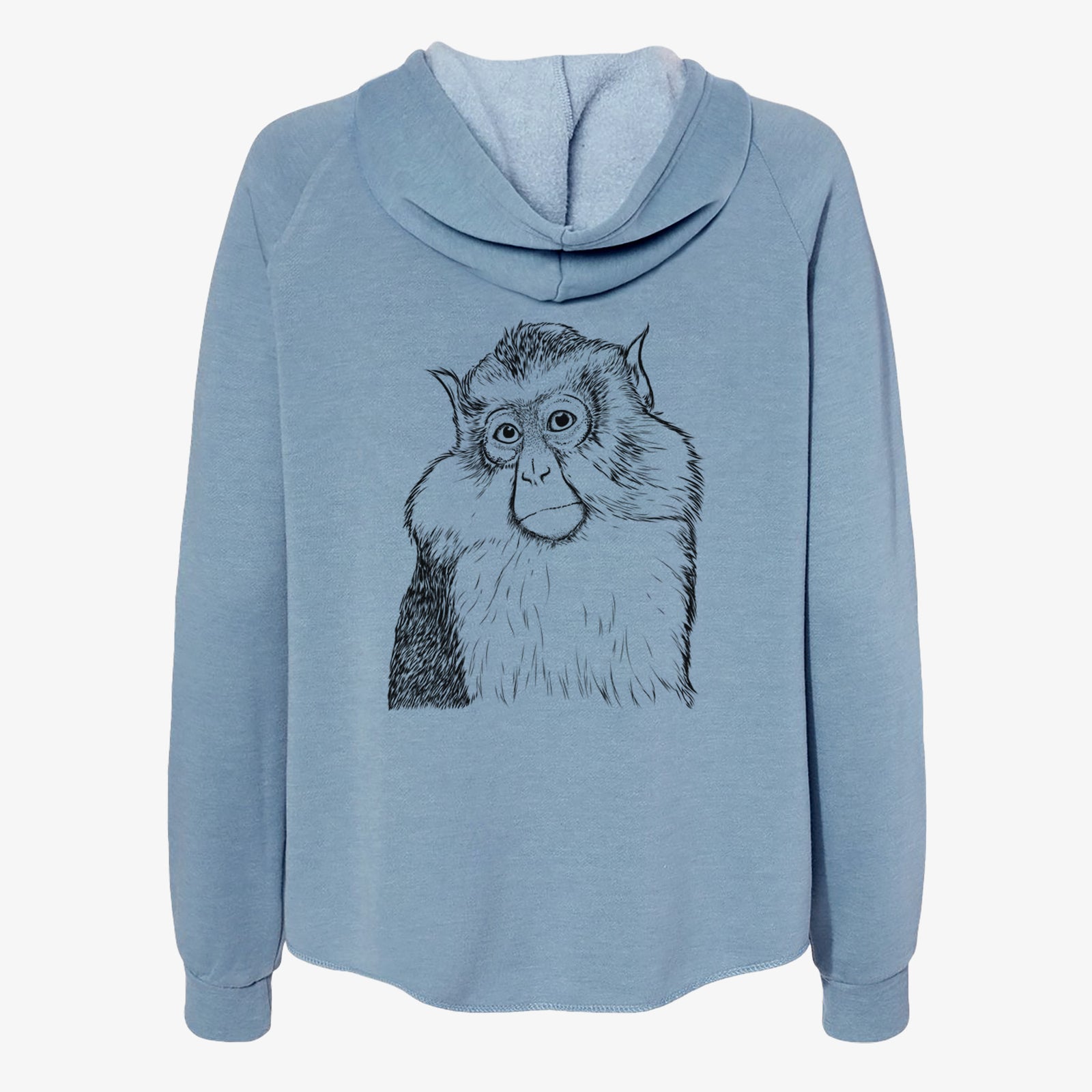 Hand-drawn sketch of Matata the Mona Monkey on a Misty Blue Women's cali wave zip-up sweatshirt