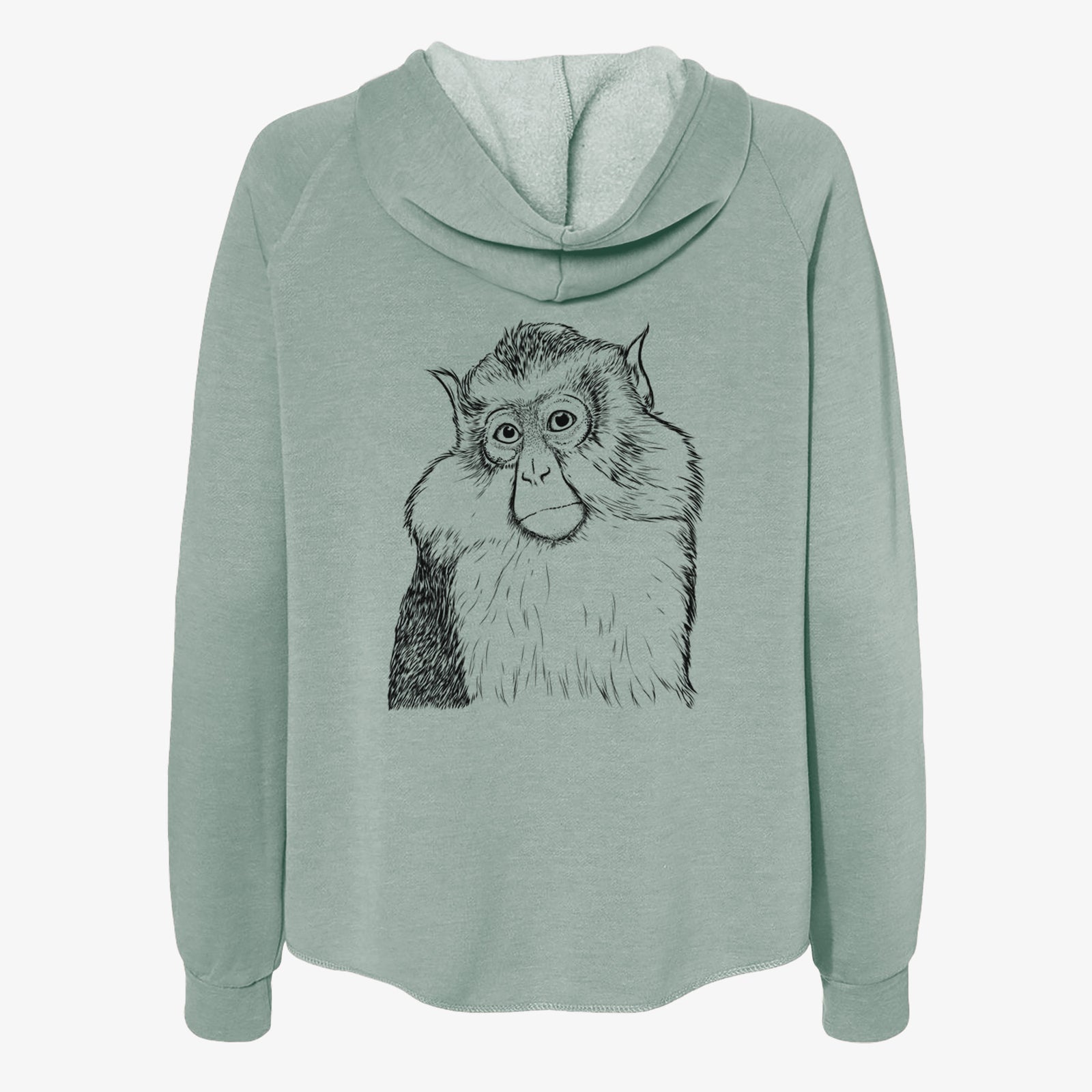 Hand-drawn sketch of Matata the Mona Monkey on a Sage Women's cali wave zip-up sweatshirt