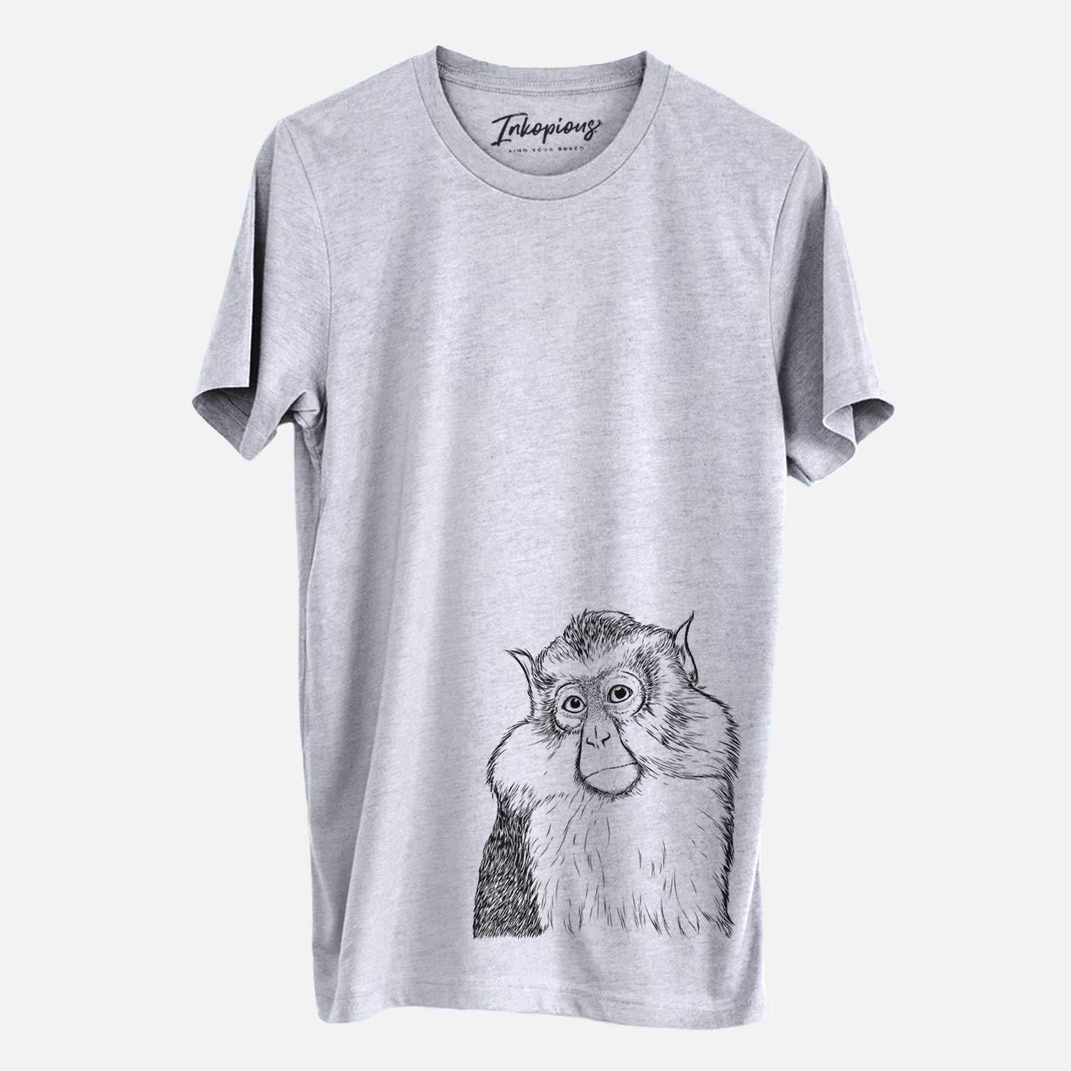 Hand-drawn sketch of Matata the Mona Monkey on a Grey Unisex crewneck
