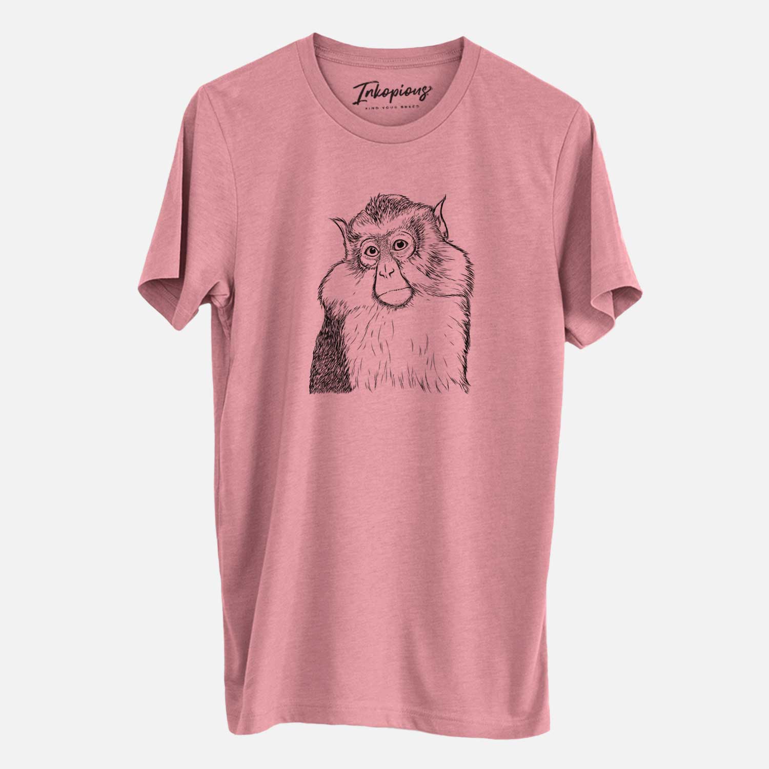 Hand-drawn sketch of Matata the Mona Monkey on a Mauve Unisex crewneck