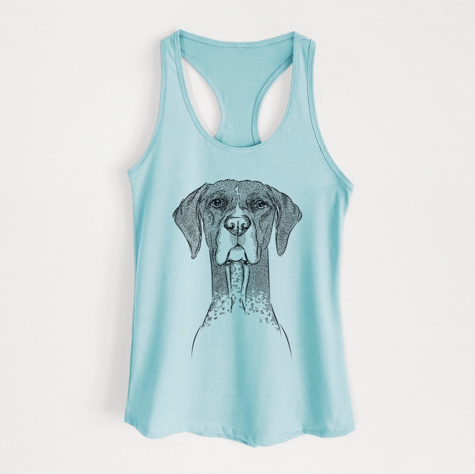 Hand-drawn sketch of Mattis the German Shorthaired Pointer on a Cancun Blue Women's racerback tanktop