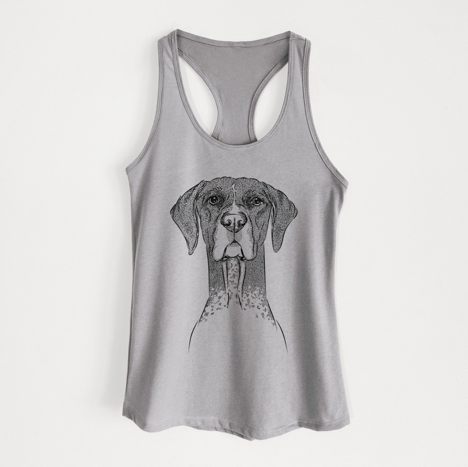 Hand-drawn sketch of Mattis the German Shorthaired Pointer on a Heather Grey Women's racerback tanktop