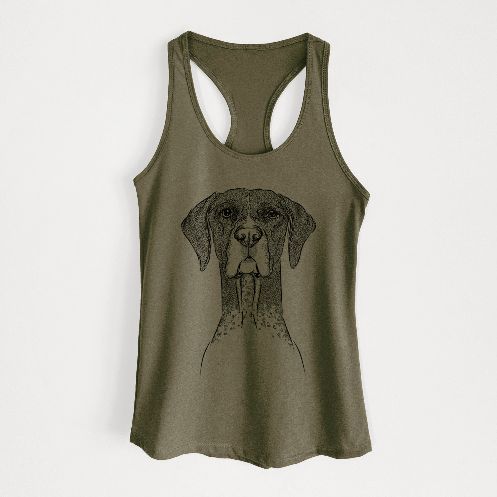 Hand-drawn sketch of Mattis the German Shorthaired Pointer on a Military Green Women's racerback tanktop