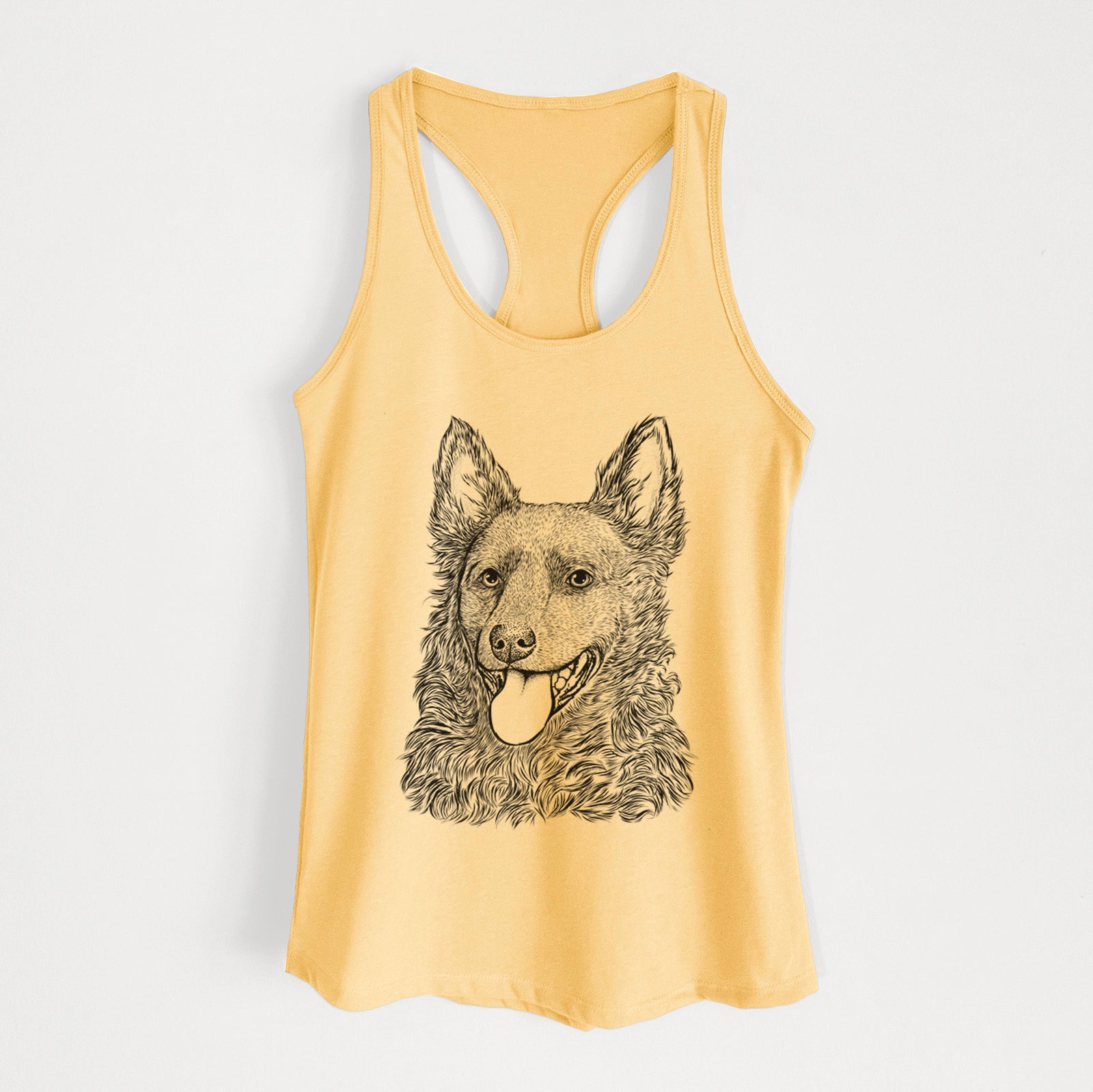 Hand-drawn sketch of Maximo the Mudi on a Banana Cream Women's racerback tanktop