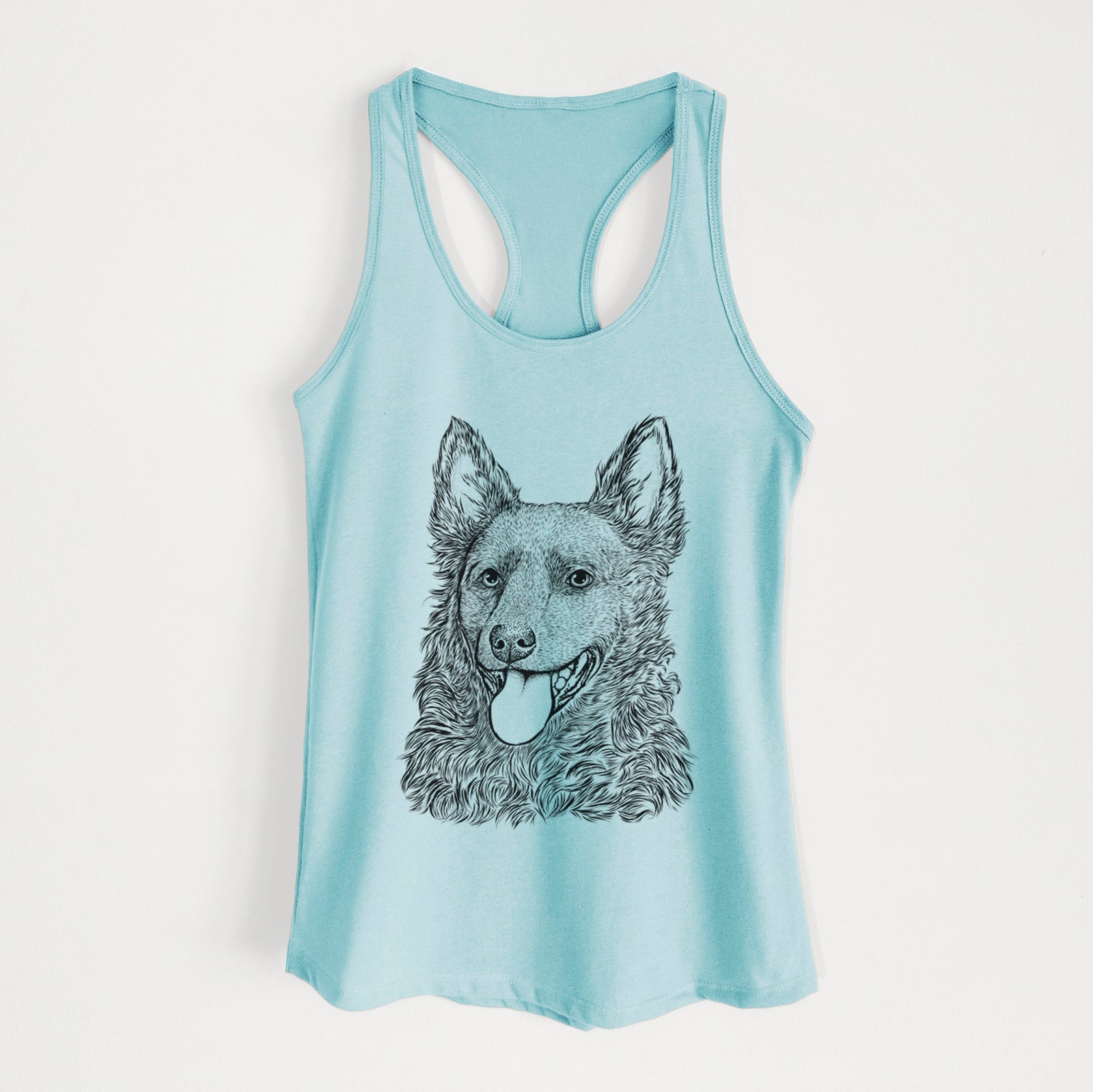 Hand-drawn sketch of Maximo the Mudi on a Cancun Blue Women's racerback tanktop
