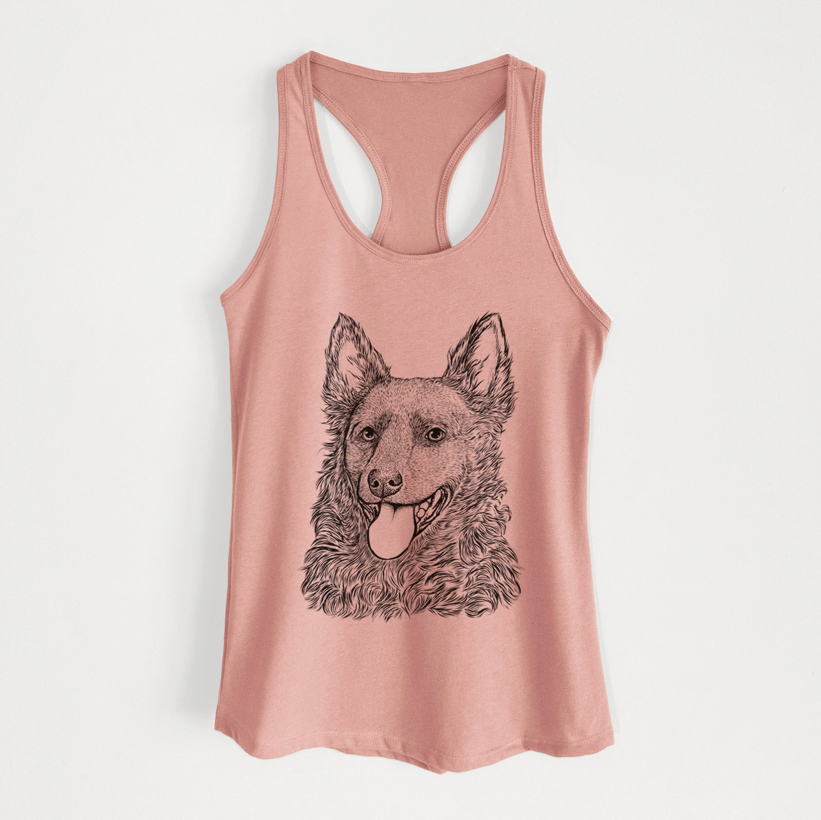 Hand-drawn sketch of Maximo the Mudi on a Desert Pink Women's racerback tanktop