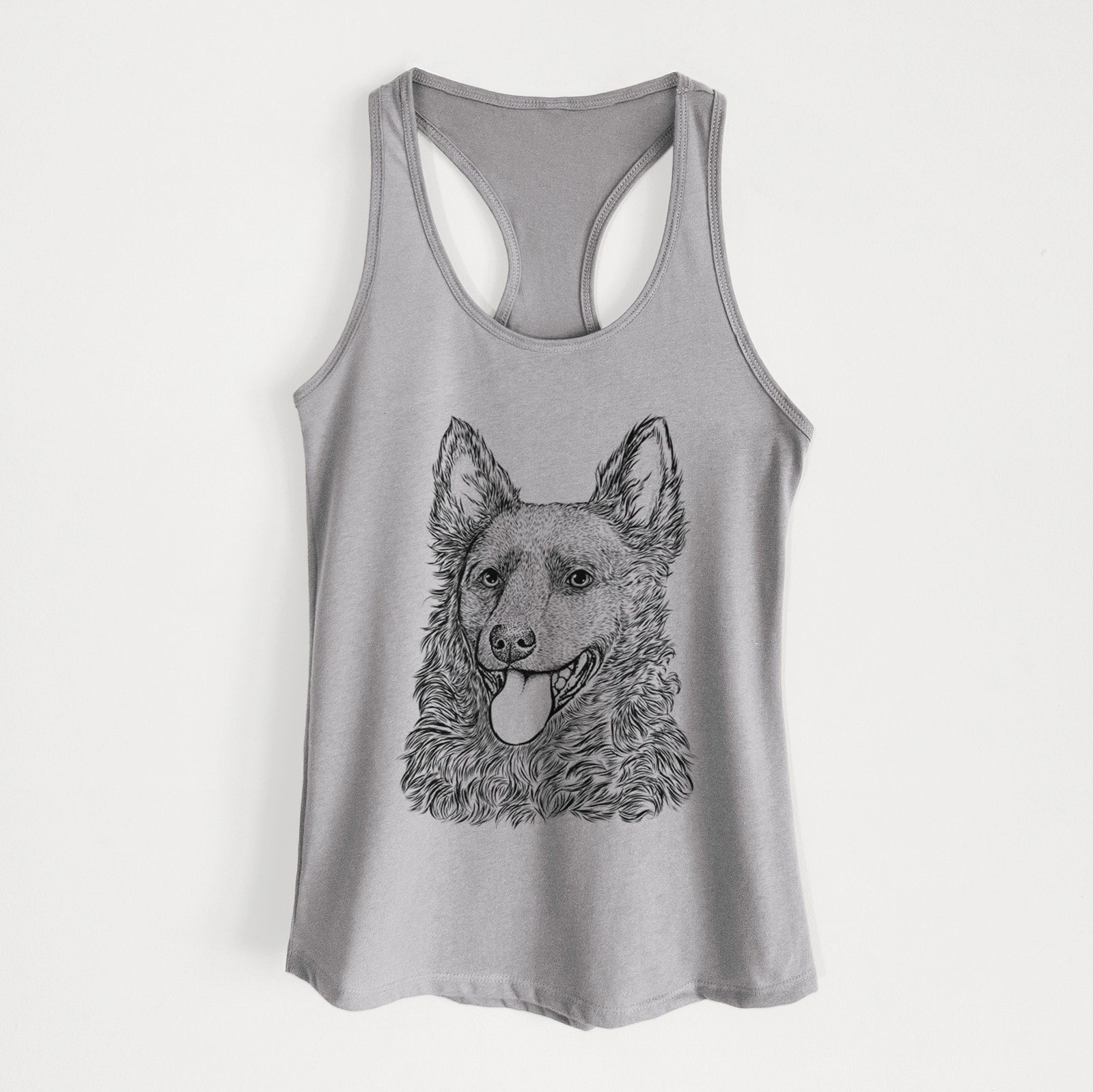 Hand-drawn sketch of Maximo the Mudi on a Heather Grey Women's racerback tanktop