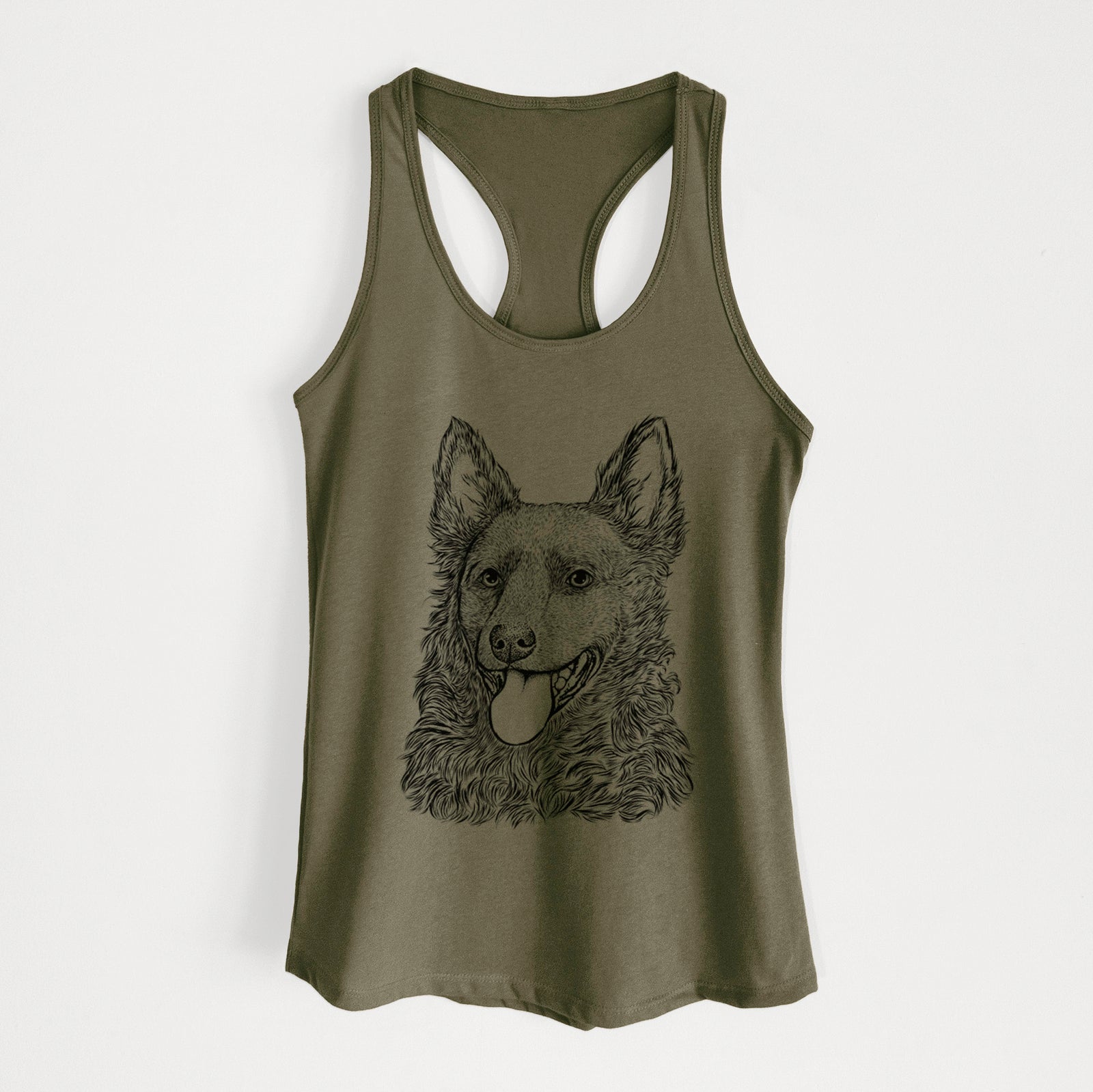 Hand-drawn sketch of Maximo the Mudi on a Military Green Women's racerback tanktop