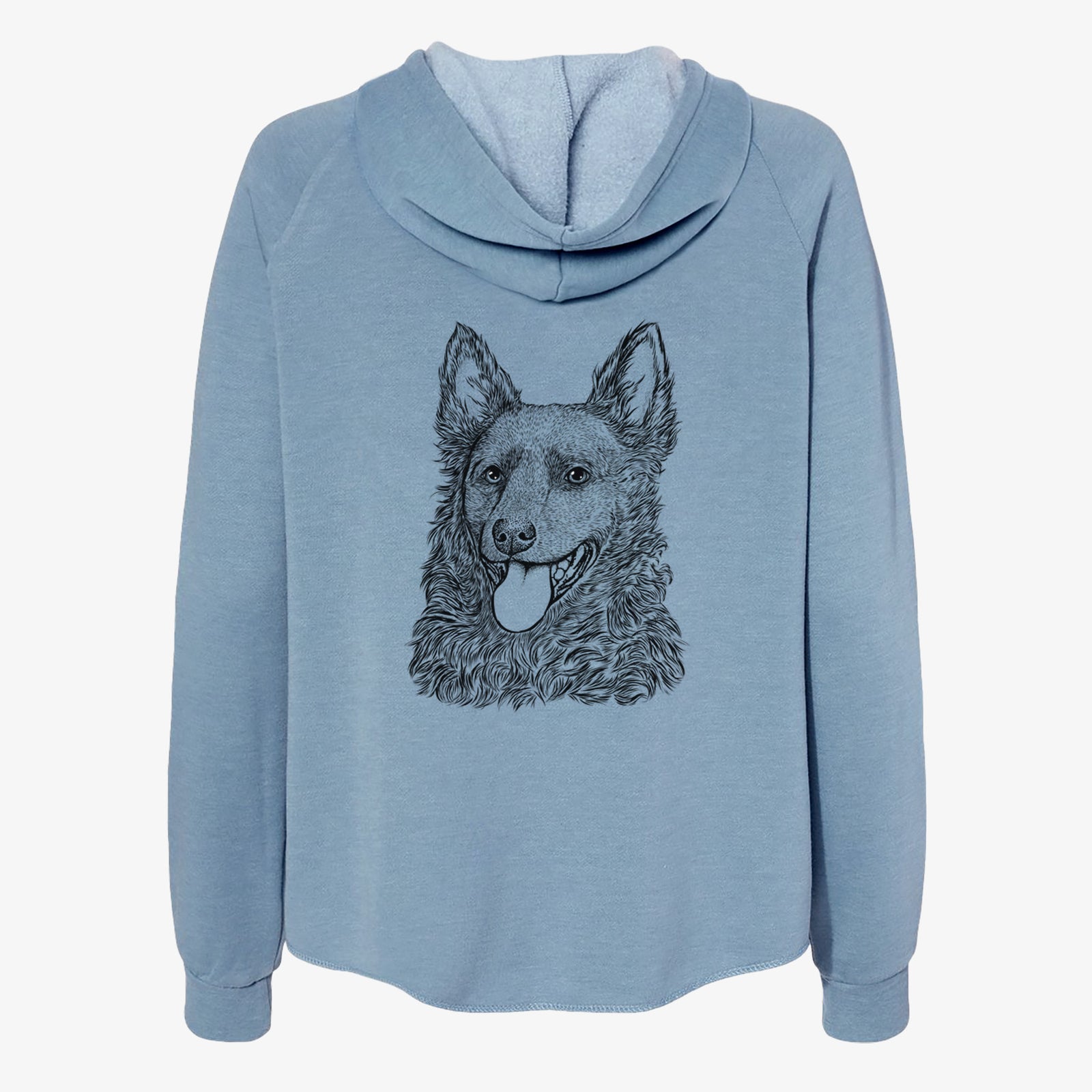 Hand-drawn sketch of Maximo the Mudi on a Misty Blue Women's cali wave zip-up sweatshirt