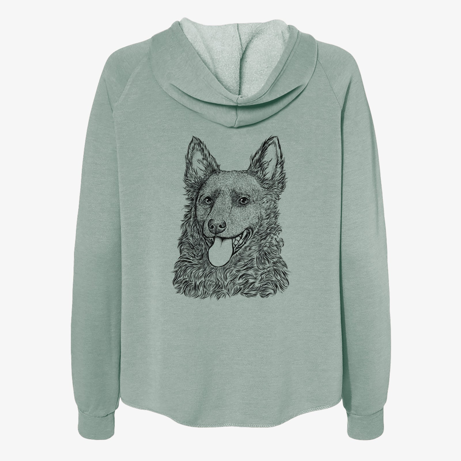 Hand-drawn sketch of Maximo the Mudi on a Sage Women's cali wave zip-up sweatshirt