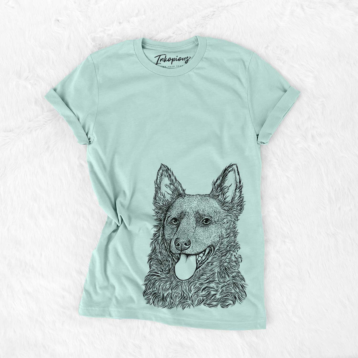 Hand-drawn sketch of Maximo the Mudi on a Heather Sage Bella Canvas Unisex Crewneck