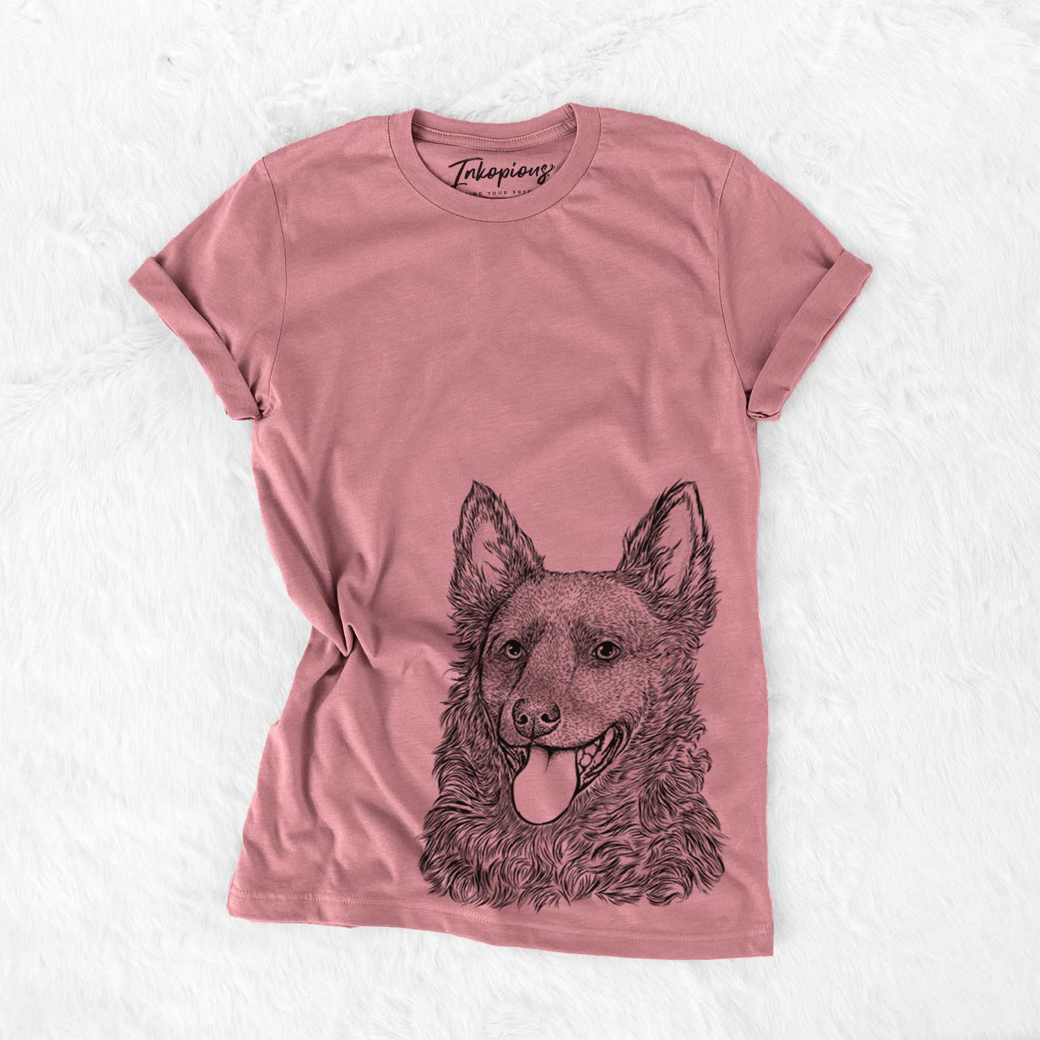 Hand-drawn sketch of Maximo the Mudi on a Mauve Unisex crewneck