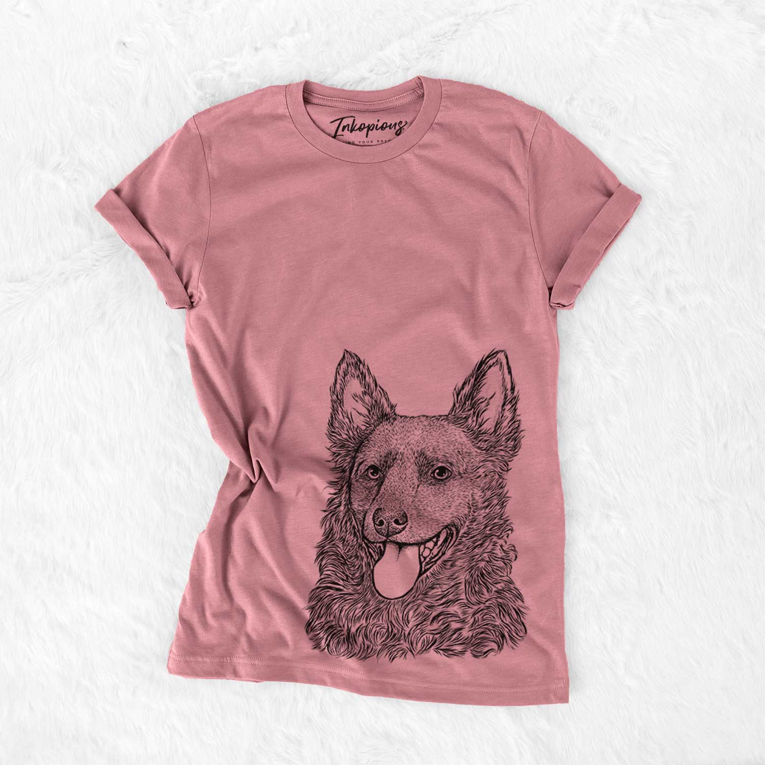 Hand-drawn sketch of Maximo the Mudi on a Mauve Bella Canvas Unisex Crewneck