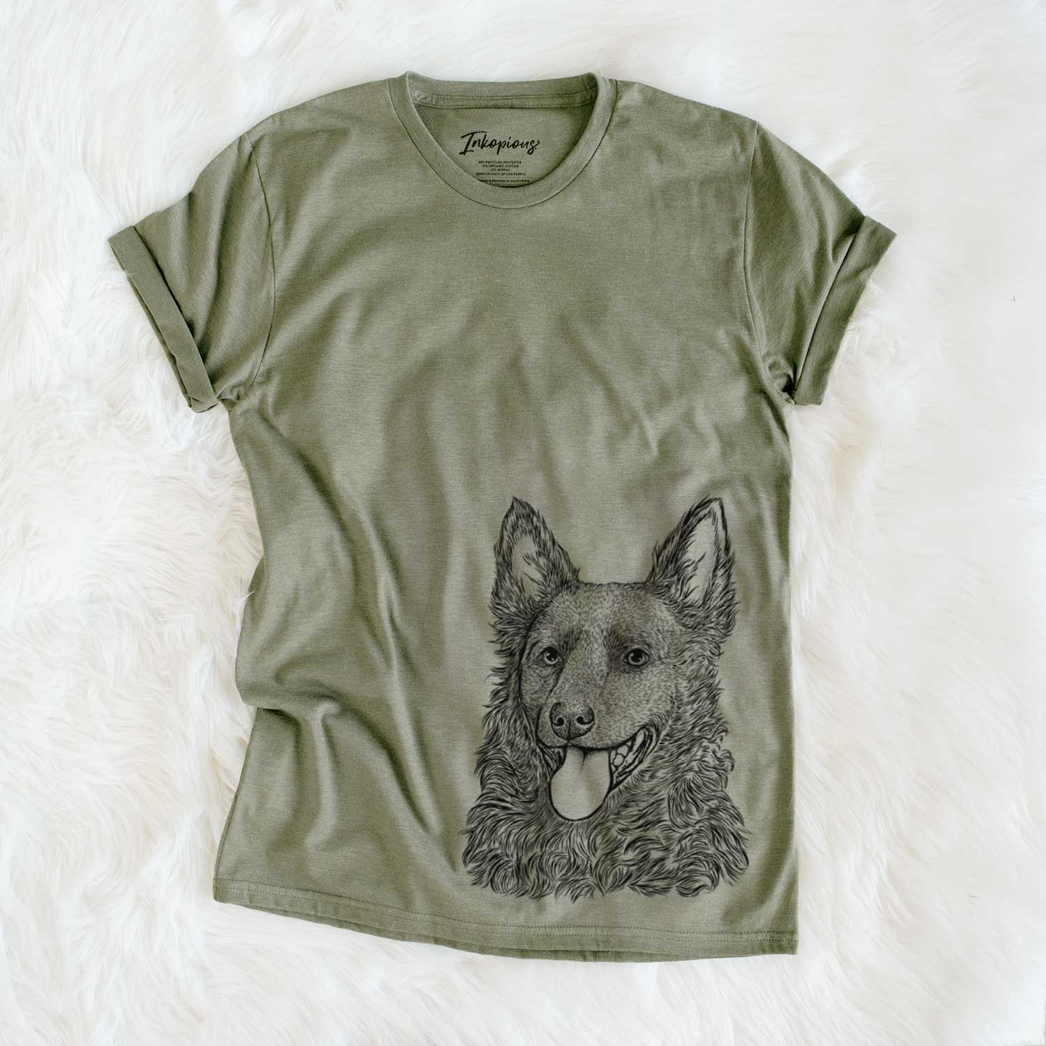 Hand-drawn sketch of Maximo the Mudi on an Olive Unisex crewneck