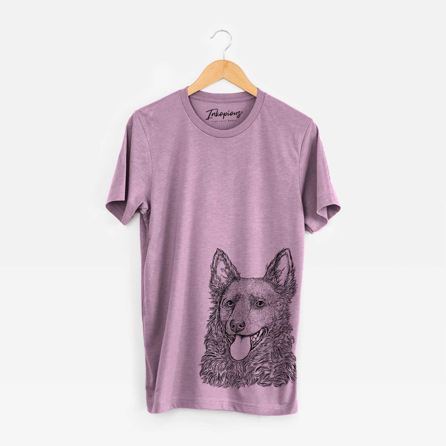 Hand-drawn sketch of Maximo the Mudi on an Orchid Bella Canvas Unisex Crewneck
