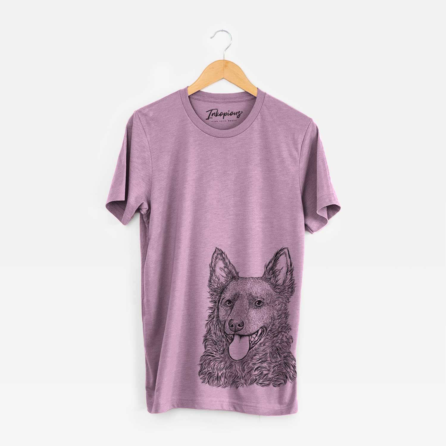 Hand-drawn sketch of Maximo the Mudi on an Orchid Unisex crewneck
