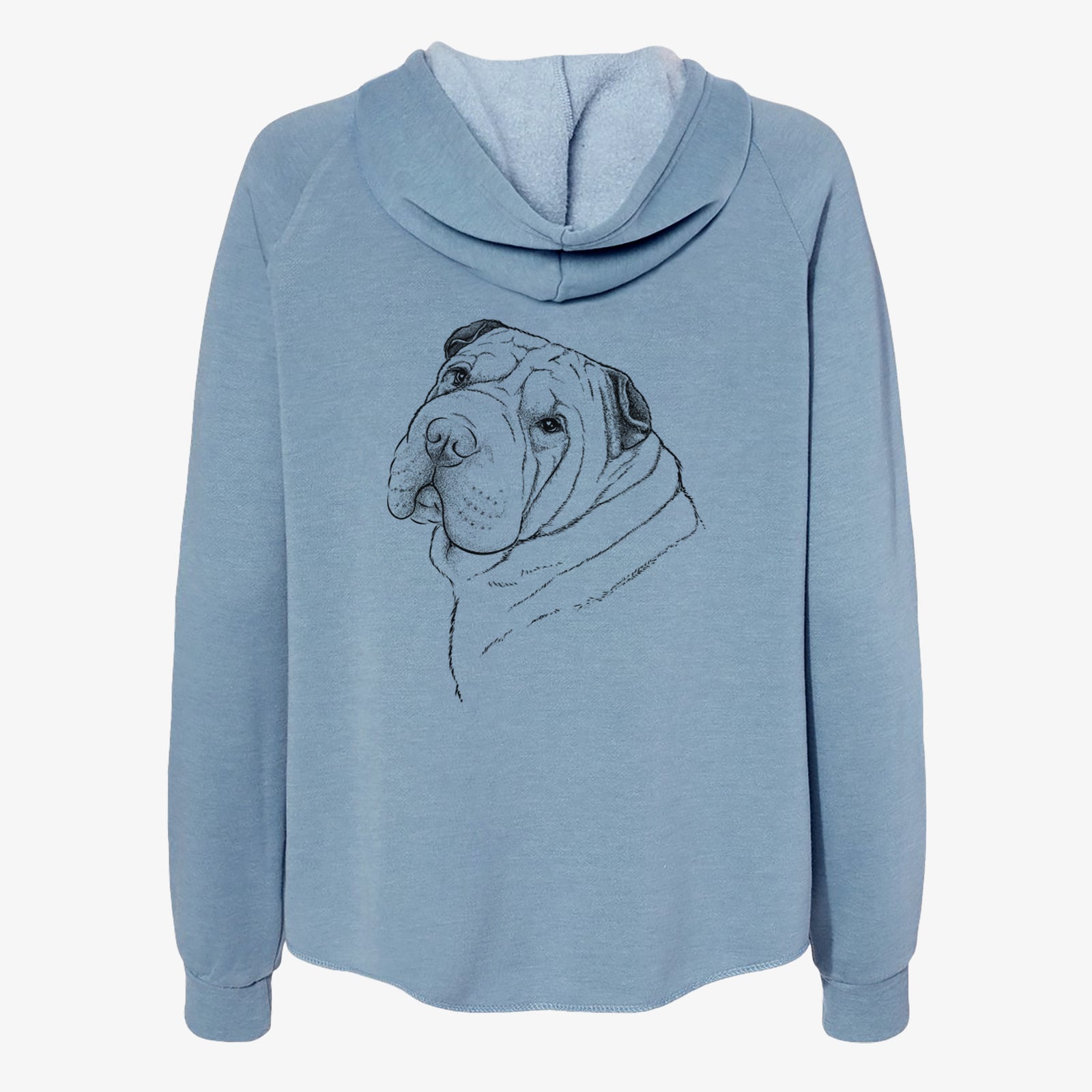 Hand-drawn sketch of Maximus the Shar Pei on a Misty Blue Women's cali wave zip-up sweatshirt