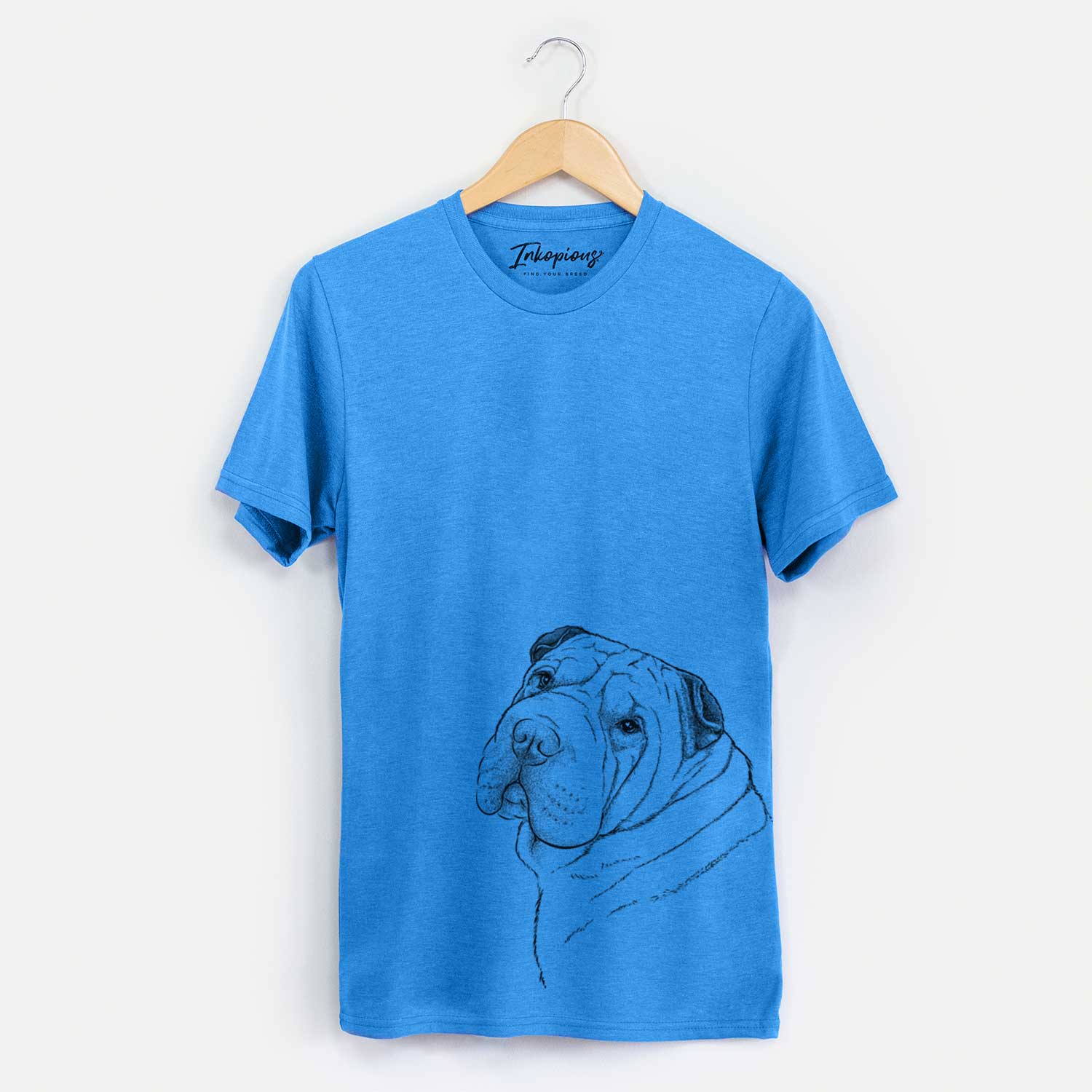 Hand-drawn sketch of Maximus the Shar Pei on a Blue Unisex crewneck