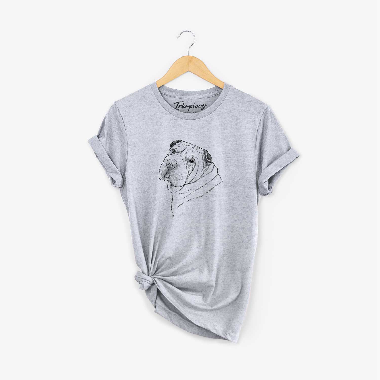 Hand-drawn sketch of Maximus the Shar Pei on a Grey Unisex crewneck