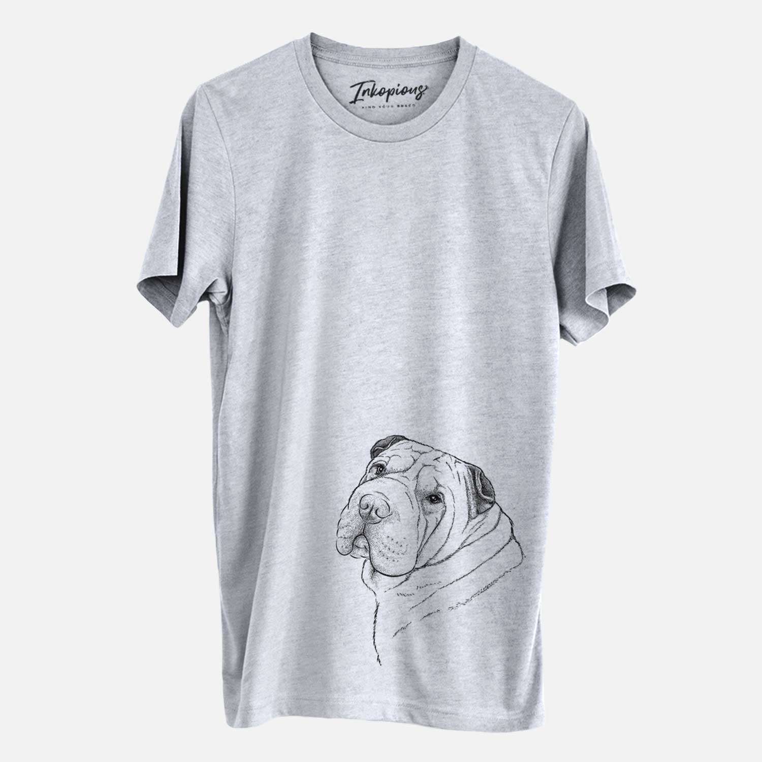 Hand-drawn sketch of Maximus the Shar Pei on a Grey Unisex crewneck