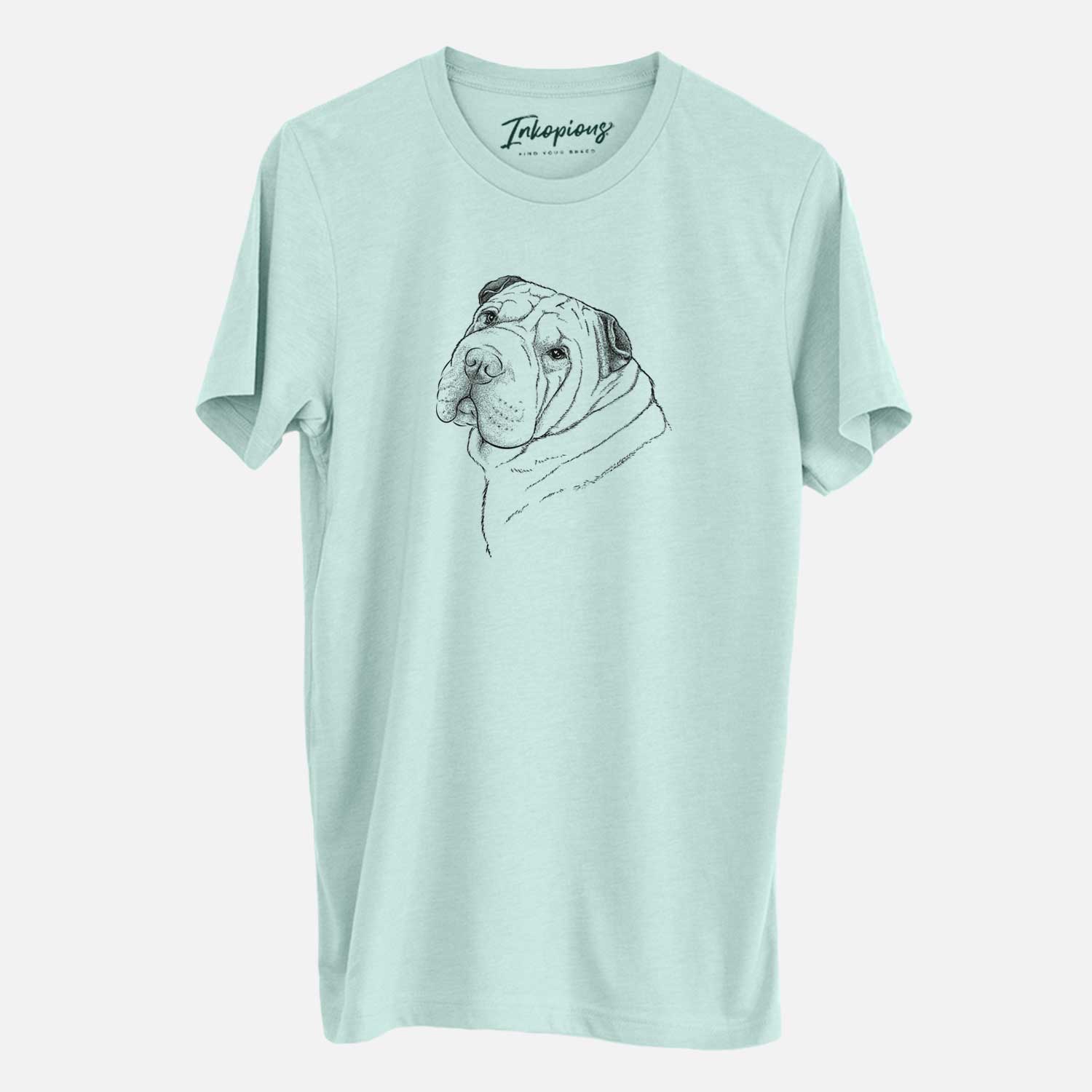 Hand-drawn sketch of Maximus the Shar Pei on a Heather Sage Unisex crewneck