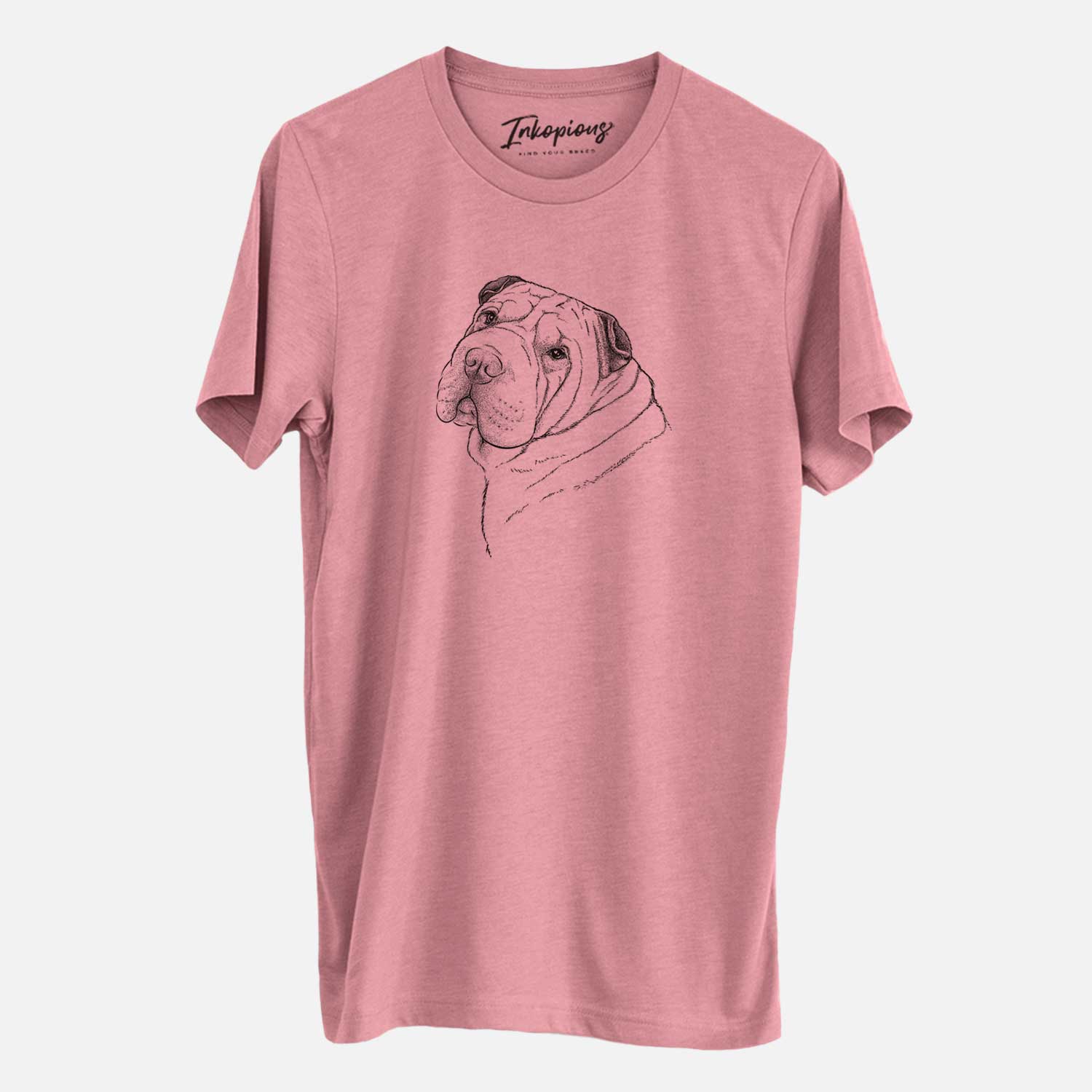 Hand-drawn sketch of Maximus the Shar Pei on a Mauve Unisex crewneck