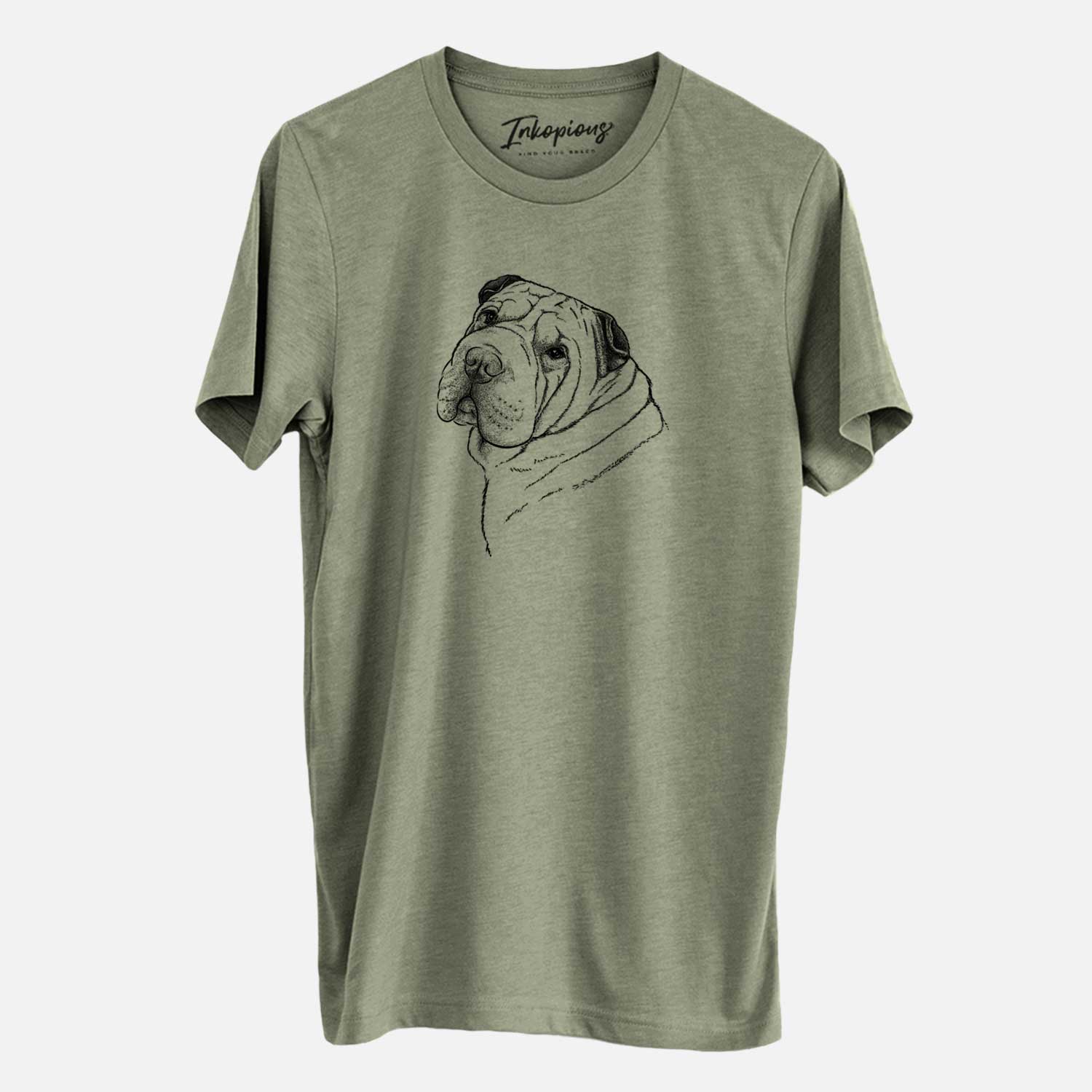 Hand-drawn sketch of Maximus the Shar Pei on an Olive Unisex crewneck